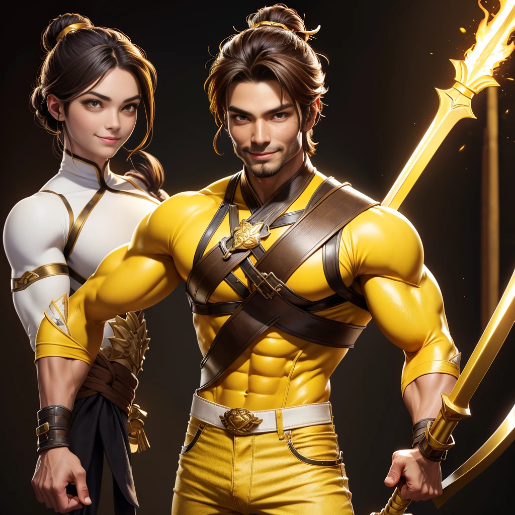 Muscular man, alone, holding a golden spear, hair tied in bun, dark brown hair, Chinese-looking man, ((burnt yellow social blouse, long white jeans)), black military boot, smile, yellow colored eyes, castle, costume.