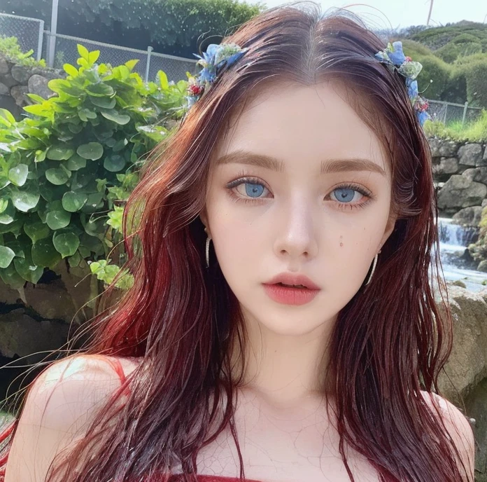 1 miniature Beautiful handsome woman, ((top quality, 8k, masterpiece:1.retty woman, 1woman, huge breasts:1.3, slender figure:1.1, elastic red long hair, (shower, wet body, wet clothes:1.1), very detailed face, detailed lips, detailed eyes, double eyelids, detailed blue eyes, extremely detailed outstanding blue eyes, red wet hair, red wet hair, detailed outstanding BLUE EYES, innocent stare at the viewer, extremely wet wavy red hair, detailed outstanding BLUE EYES, raining outside, huge earrings, Oasis, Waterfall, naked breasts, swimming in water, tattoo on chest wearing a wreath
