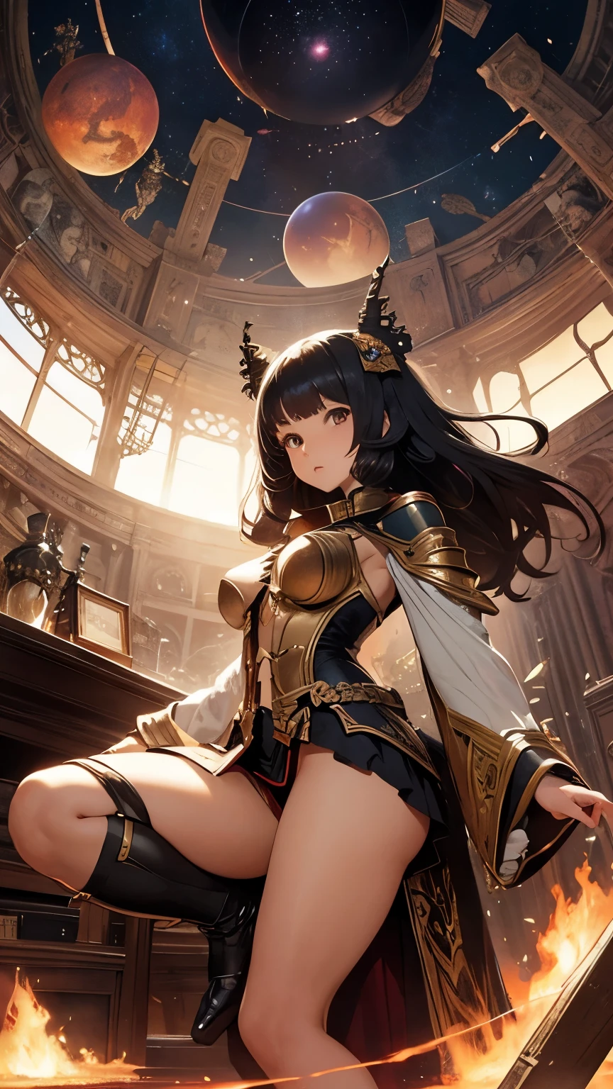 Junaida, Frank Frazetta, Mysterious, strange, surreal, bizarre, fantasy, Sci-fi fantasy, anime, history of the sphere, infinite library, miniskirt beautiful high school girl, perfect voluminous body, detailed masterpiece