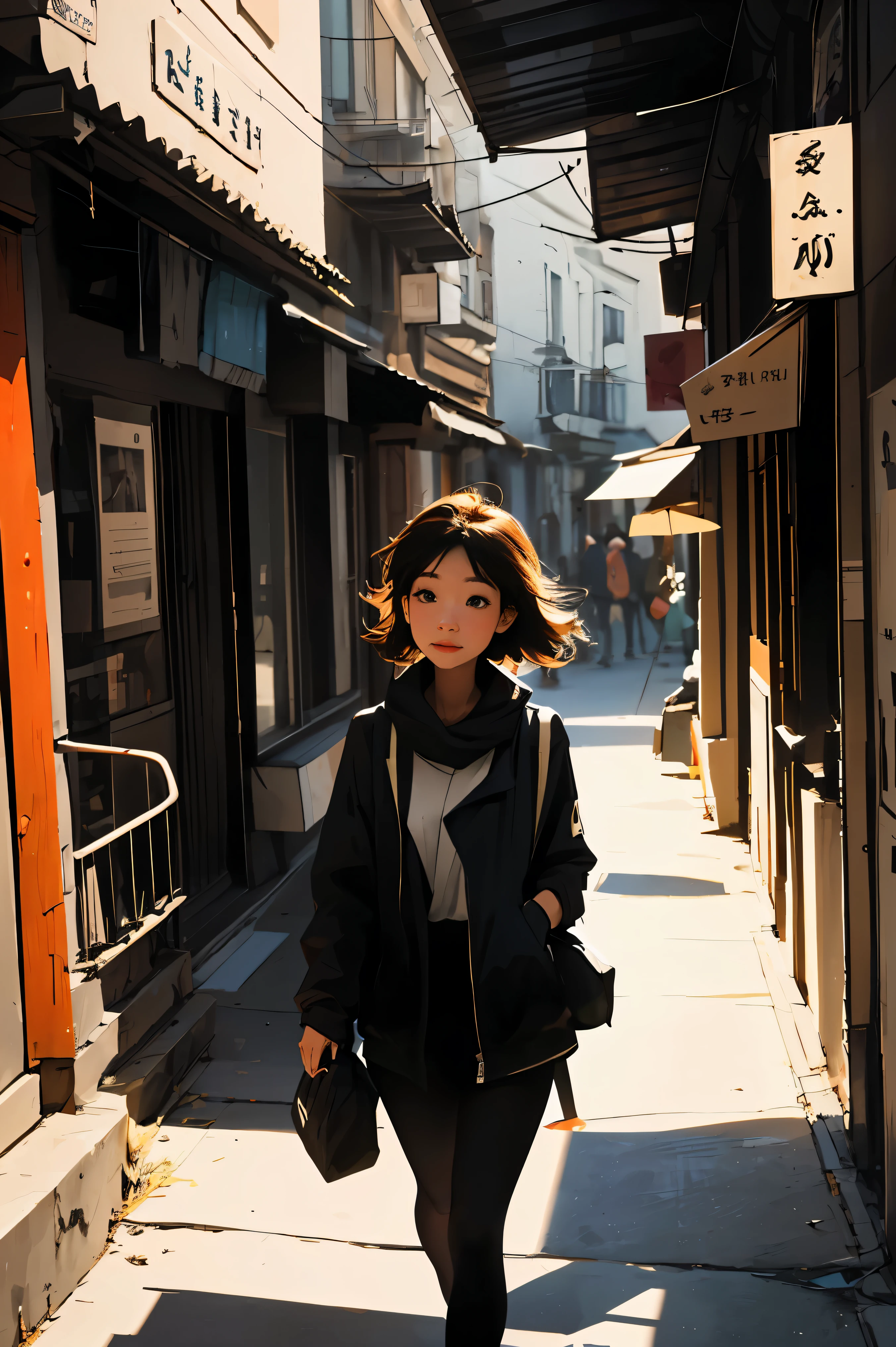 After a winter trip, Carrying a black backpack, I walk towards Canera with a happy heart..,vivid colors, soft focus, Light leakage, dreamy atmosphere, experimental charm, 레트로한 매력 break Color 필드 페인팅, A variety of colors, abstract expressionism, bold hues, emotional impact, atmospheric depth, Minimalist approach BREAK, Beautiful woman, UHD (ultra detail) Observations from viewers wearing hip-hop style street black padding, another, Color, Long brown hair tied together, Cheveux très Colors 🌈, dark clothes, White stardust in dark areas, absurd, high resolution, very detailed, (1 woman : 1.1), vivid colors, soft focus, Light leakage, dreamy atmosphere,