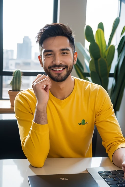 A man has a cactus growing on his hand,Young people in the workplace,in office,A confident smile