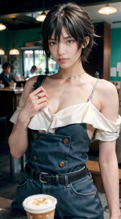 (realistic, High resolution:1.3), One girl with perfect figure, very detailed face and eyes, short hair, (Ichiro Yamada&#39;s costume),  at the cafe, coffee on the table, 