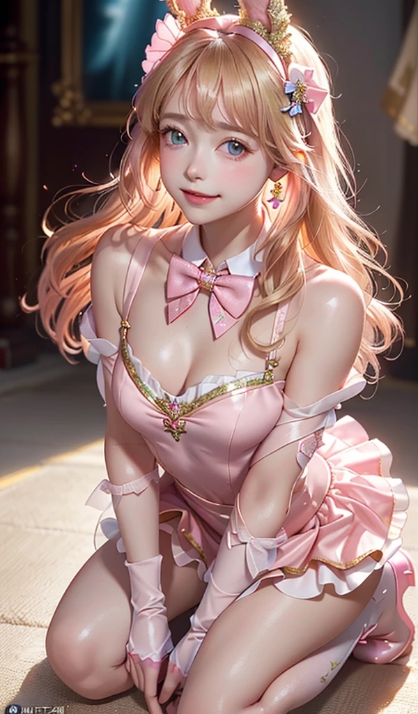 masterpiece, best quality, extremely detailed CG unity 8k wallpaper, ,, ,(Upper Body head close-up shot of a beautiful little girl), , Long straight blonde hair,((Mckenna Grace)), (((flat chest))),((pink-Cyan))golden ((Glittering Maid Dress,Bunny Ear Headgear ,glove,Bow-tie,zettai ryouiki)), (()),(),(()),,(()) ,(((Kneel))),(Lean forward), (Blush), oil skin ,(),, () (()),,(seductive smile),,,, ,, (Wonderland),,(),,pretty fac, key art, award winning, intricate detail realism hdr, by (ruan jia and artgerm and range murata), Photorealism, Hyperrealism, ultra realistic, dramatic light, intense shadows, gorgeous view,depth of field
