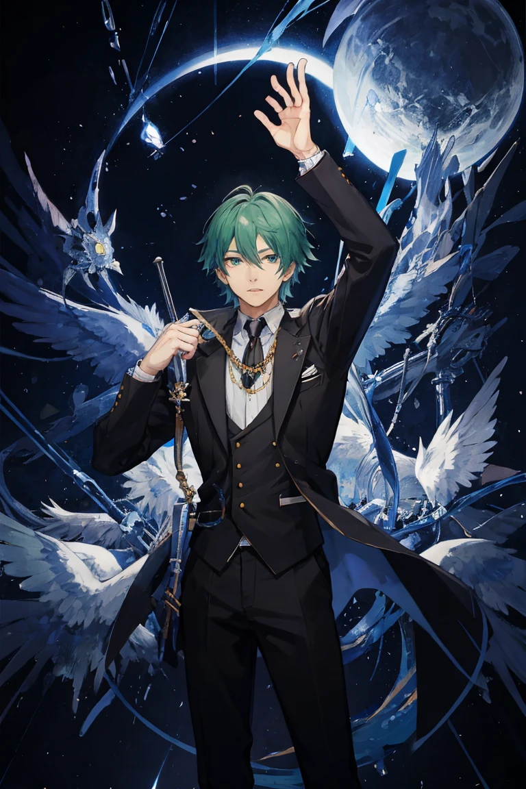 (Masterpiece:1.2, high quality), (pixiv:1.4), 1 man with short green hair, tall handsome man, fansty world