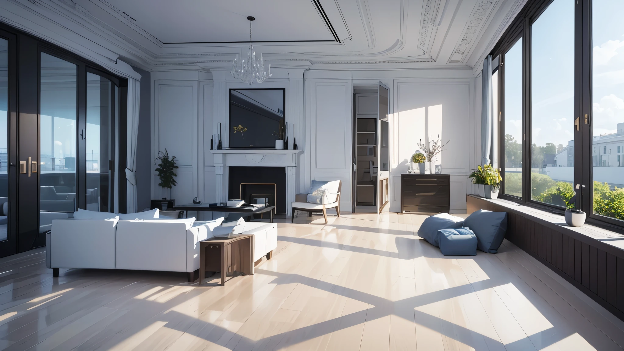 You are a famous interior designer、You have been asked to create a 3D image of a modern large room. Create a harmonious environment with modern and minimalist furniture. Including garden interior.
