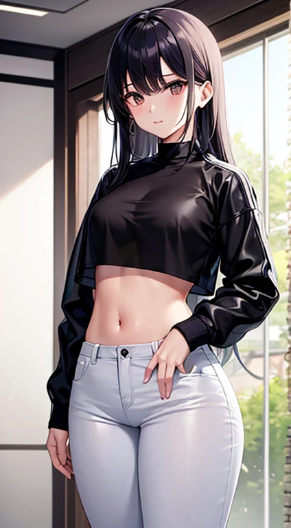 Black crop top、open belly、Wear a see-through white jacket、Jeans long pants、17 years old