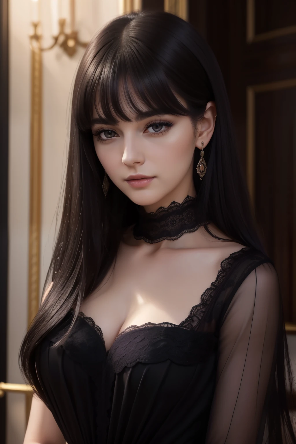 masterpiece, highest quality, realistic, mature woman, cute, 25 years old, closed mouth, portrait, highly detailed face, warm, (dark purple eyes), ((black long hair)), ((Bangs)), [thin eyebrows], Dark palace, ((elegant dark black dress)), Light makeup, soft smile, ear blush, light blush, short eyelashes, 4K, ((Englishman))