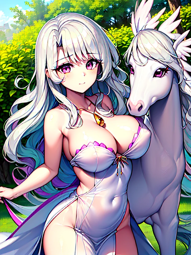 gran calidad ++ Extremely detailed high resolusionolution, very aesthetic, ojos expresivos, (((Cara perfecta))), (((face symmetrical))), ((good anatomy)), (((manos perfectas))), (((8k))), UHD, Fondo de pantalla HD, (((alta calidra detallada, (((((1girl)))))), solamente, Obra maestra, La mejor calidad, high resolusion, Altamente detallado, (illustration), hermosos ojos detallados, (((combatant))), (((1girl))), ((((cuerpo completo)))), (((((((illyasviel von einzbern)))))), (((princess_celestia))), ((((forma humana)))), ((princesa celestia humanizada)), Celestia, Celestia de My Little Poni, celestia en forma de milf, Cabello largo y ondulado, (((Ojos rojos))), (((strapless tube dress))), (((purple heart promise))), (((white dress))), (((milfication))), (((mature female))), (((big breasts))), (((orejas blancas de pony))), (((Dedos detallados))), (((alas blancas de angel))), (((cuerno dorado de unicornio))), Dedos precisos, Manos no antinaturales, strange eye, columnas griegas, exterior, hermoso bosque majestuoso, hojas de parra rodeando las columnas, arbustos de flores por todas partes, cielo despejado, bright sunny day, water lilies, bosque celestial,