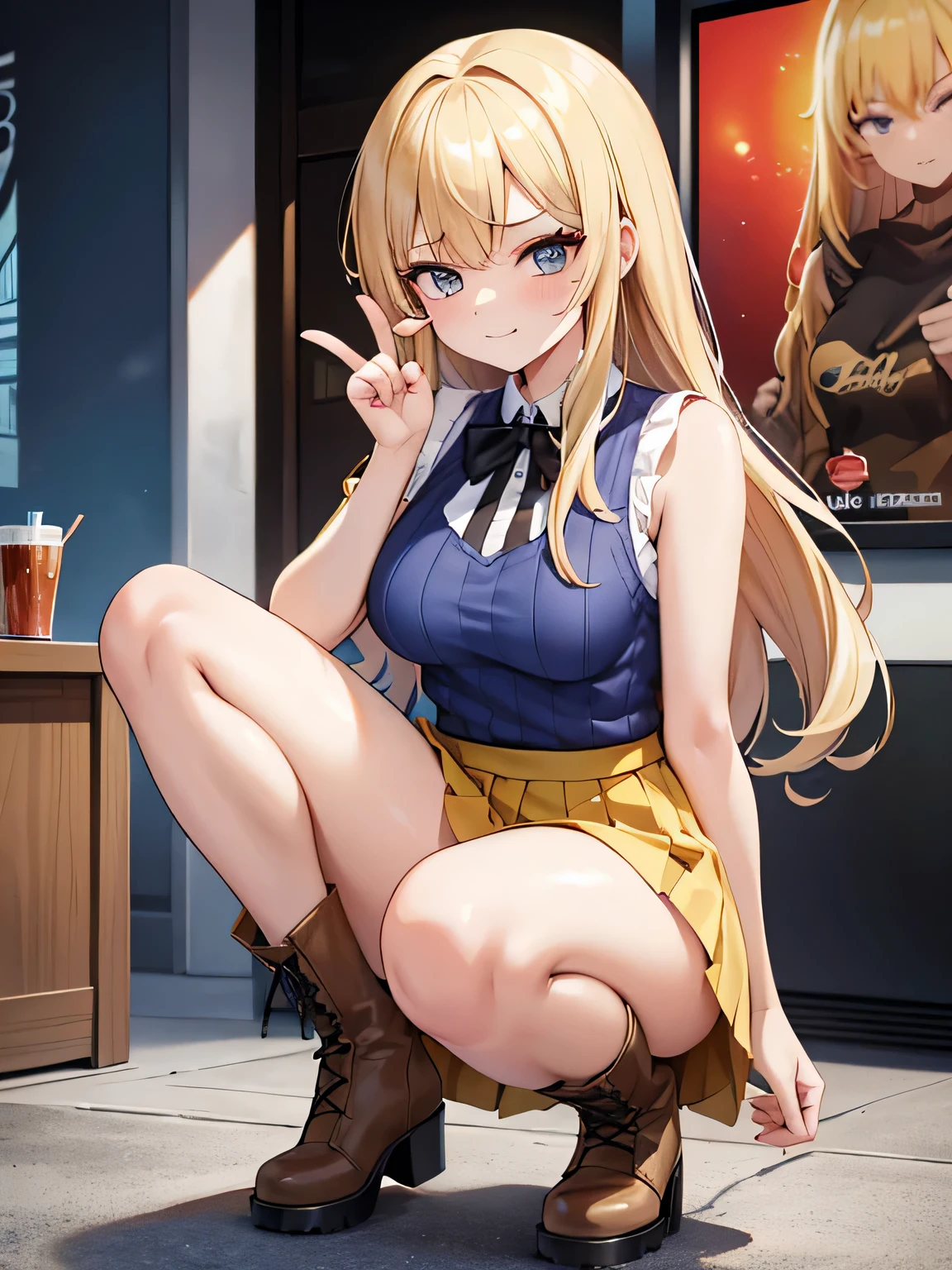 (1) A woman squats down with her index finger to her mouth、winking. her panties are almost visible.
(2) She&#39;s a gal, long blonde hair and gal makeup.
(3) The woman wears a yellow sleeveless high neck knit, blue mini skirt, and long brown boots.
(4) The location is the entrance to the movie theater..