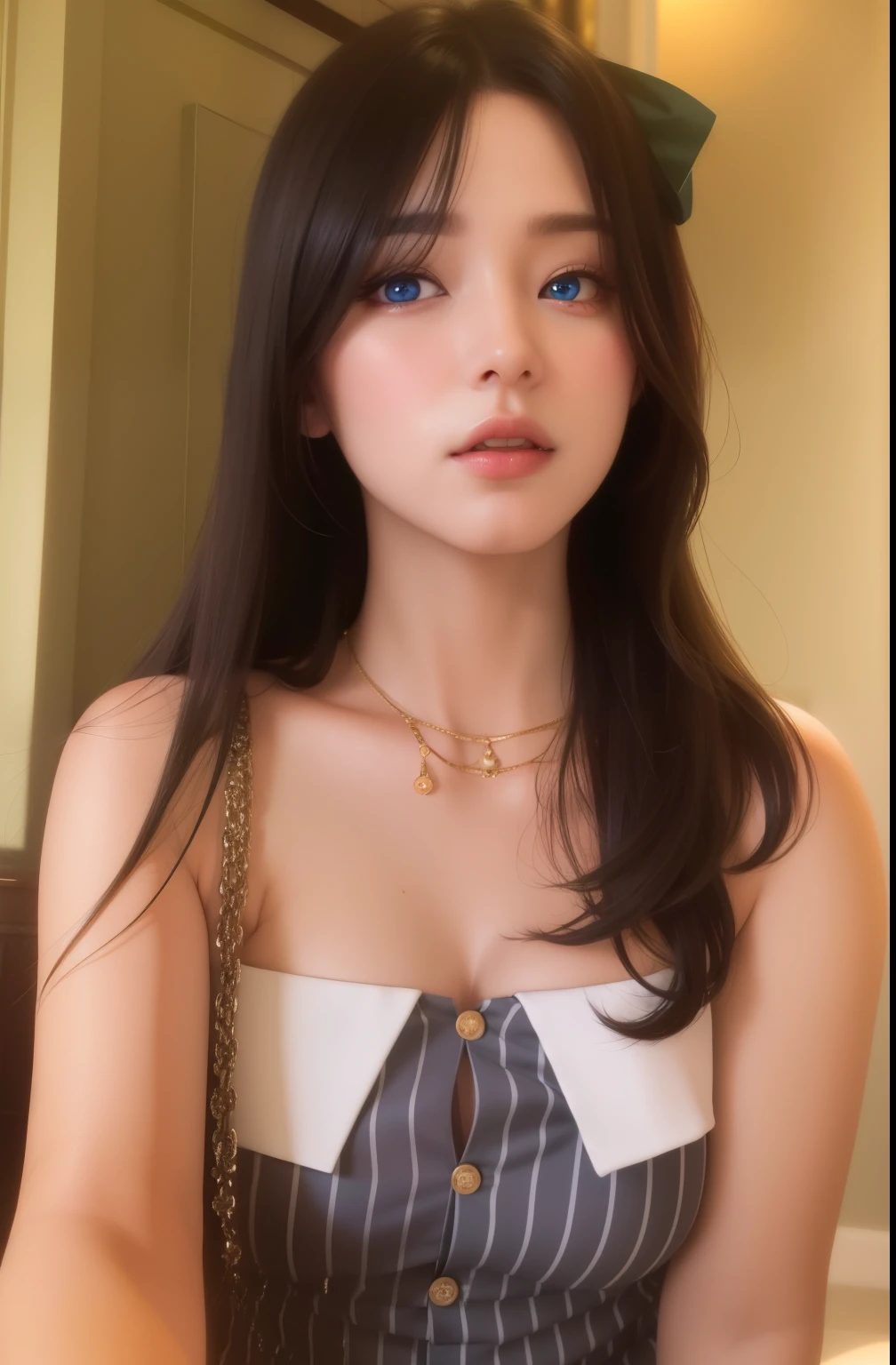 Beautiful big breastokeh), indoors, detailed luxury living room, gentle and charming beautiful goddess, Korean(kpop-idol), solo, necklace, oval face, double eyelids, smart, good hands, good feet, Natural, (from below angle), (glossy skin:1.05), ((low angle)), Perfect figure, (64k, UHD, RAW photo, best quality, masterpiece:1.4), (realistic, photo-realistic:1.37), ultra high res, photon mapping, radiosity, physically-based rendering, professional soft lighting, blue eyes, purpel hair