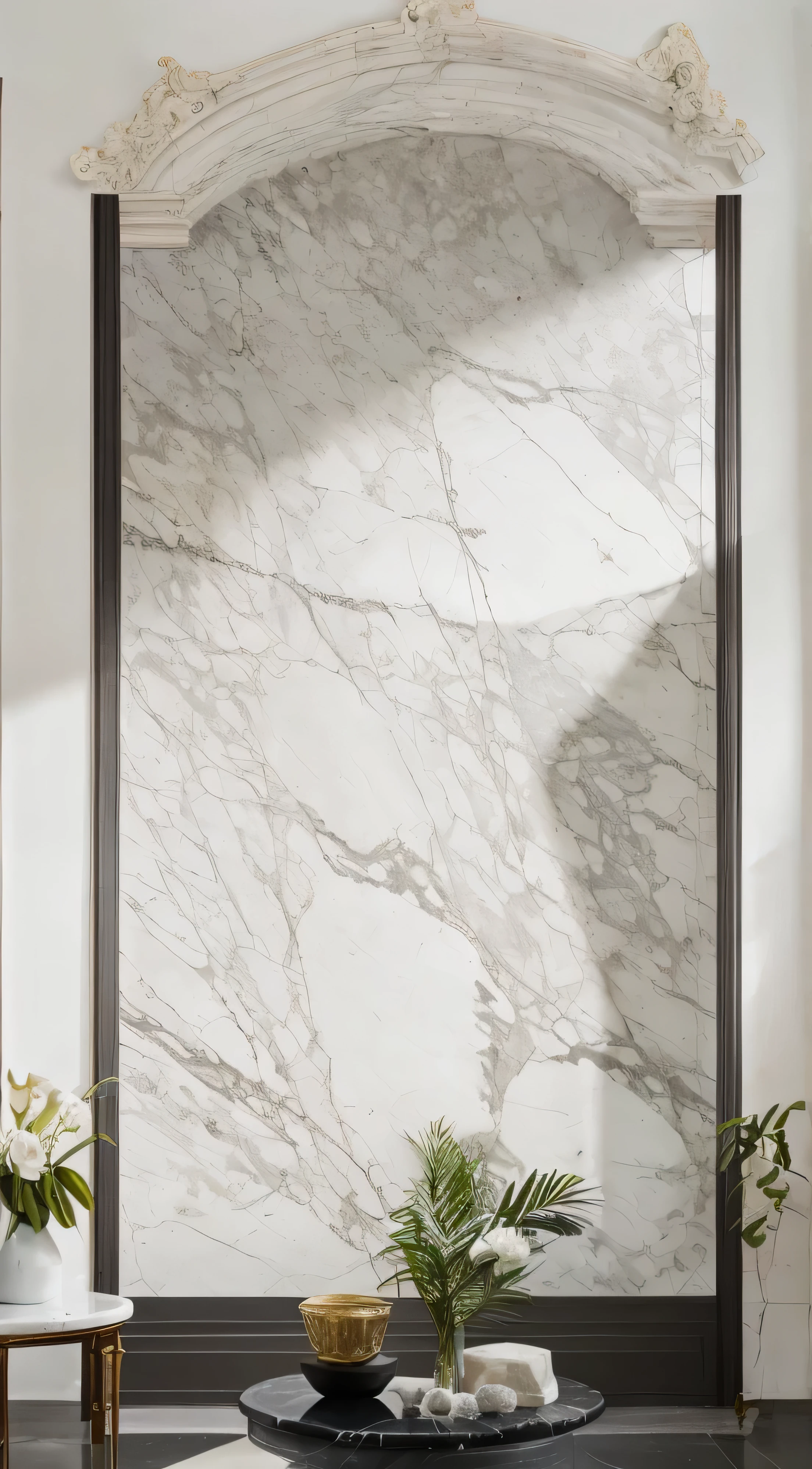 a view of a living room with a large marble wall, translucent stone white skin, white calacatta gold marble, polished white marble, marble walls, white marble walls, carved marble texture silk cloth, stone marble, white marble, marble stone, greek white marble, marble white complexion, white marble texture, ivory and black marble, heavenly marble, marble room