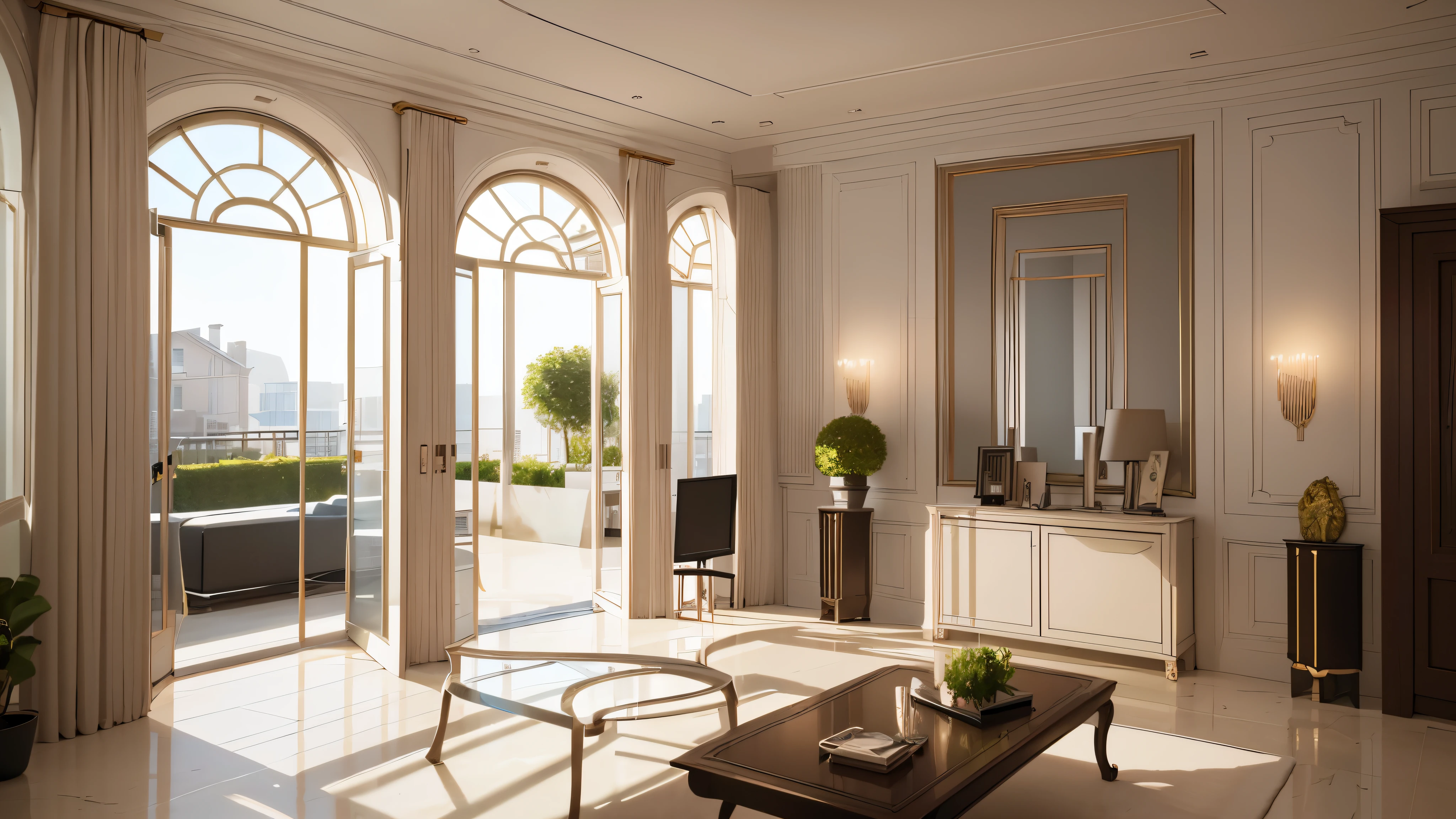 You are a famous interior designer、You have been asked to create a 3D image of a modern large room. Create a harmonious environment with modern and minimalist furniture. Including garden interior.
