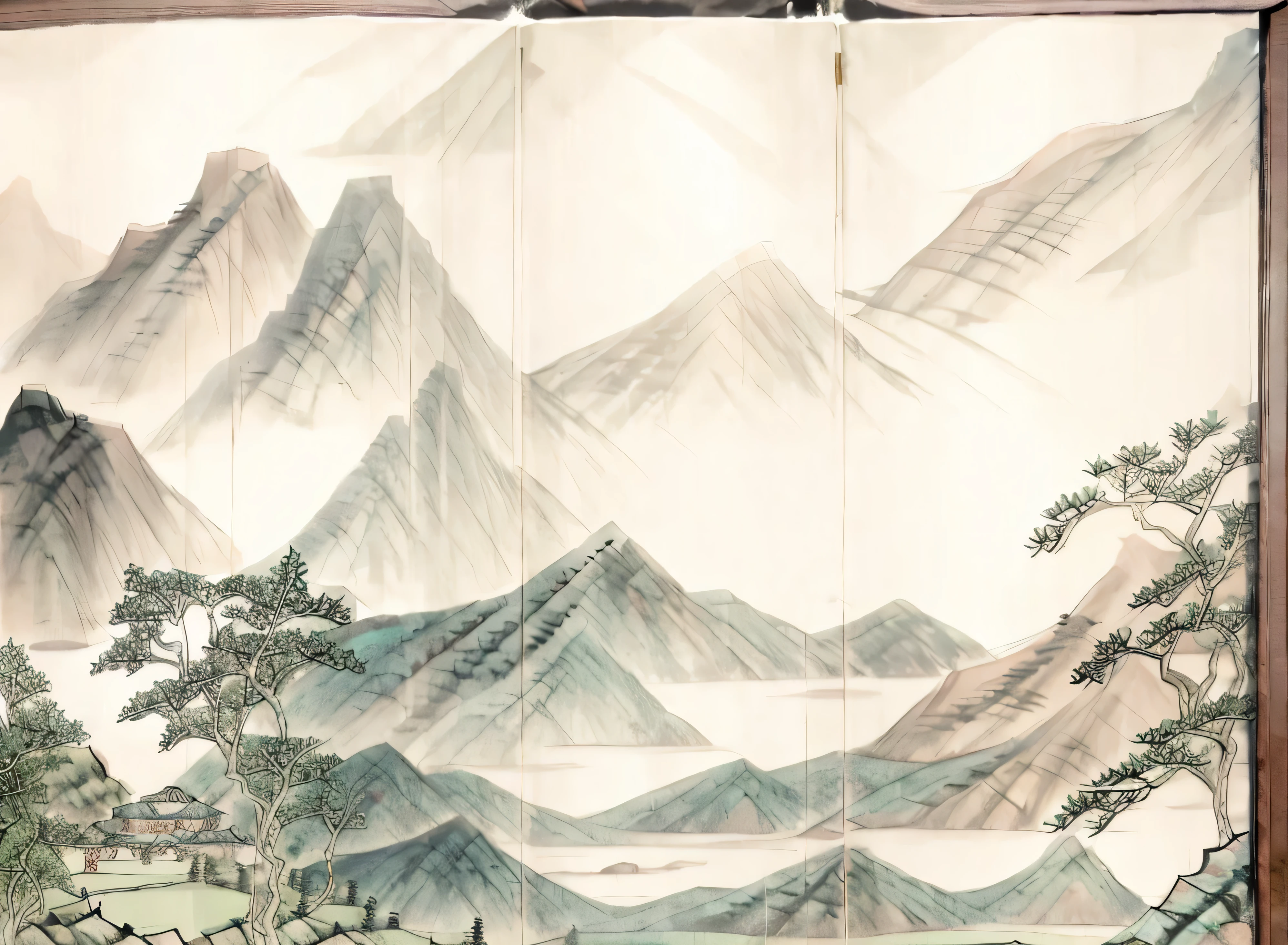 a close up of a couch in a room with a mountain mural, detailed scenery —width 672, scenery artwork, landscape wallpaper, living room wall background, oriental wallpaper, chinese painting style, landscape scenery, chinese landscape, dramatic artwork, 8k h 768, landscape art, wall mural, dream scenery art, 8 k h 1 0 2 4