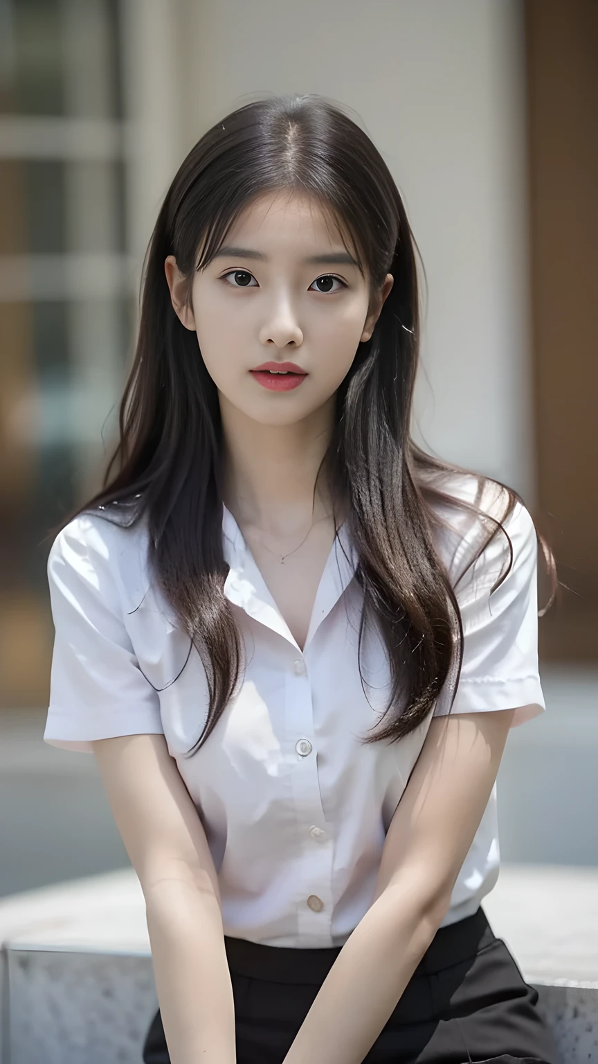 best quality, natural lighting, masterpiece, 1 girl, perfect beautiful face, (photo photo:1.3), edge lighting, photography lighting, (high detail skin:1.2), 8k ultra hd, DSLR, high quality, high resolution, white skin, detailed textured skin, 3/4 body in frame, sexy posing, poker face, perfect propotion face, symetric face, eye level shot, 4k, 8k, bokeh, absurd, best ratio four fingers and one thumb, (realistic:1.3), beautiful detailed girl, cute 1girl, dark-brown hair, ponytail, long hair, bangs, volume hairs, collosal-breast, full looking breast, projecting breast, slim waist, slender, small thighs, perfectly proportion, university background, detailed background, mahalaiuniform, white shirt short sleeves, black pencil skirt, black pleated skirt