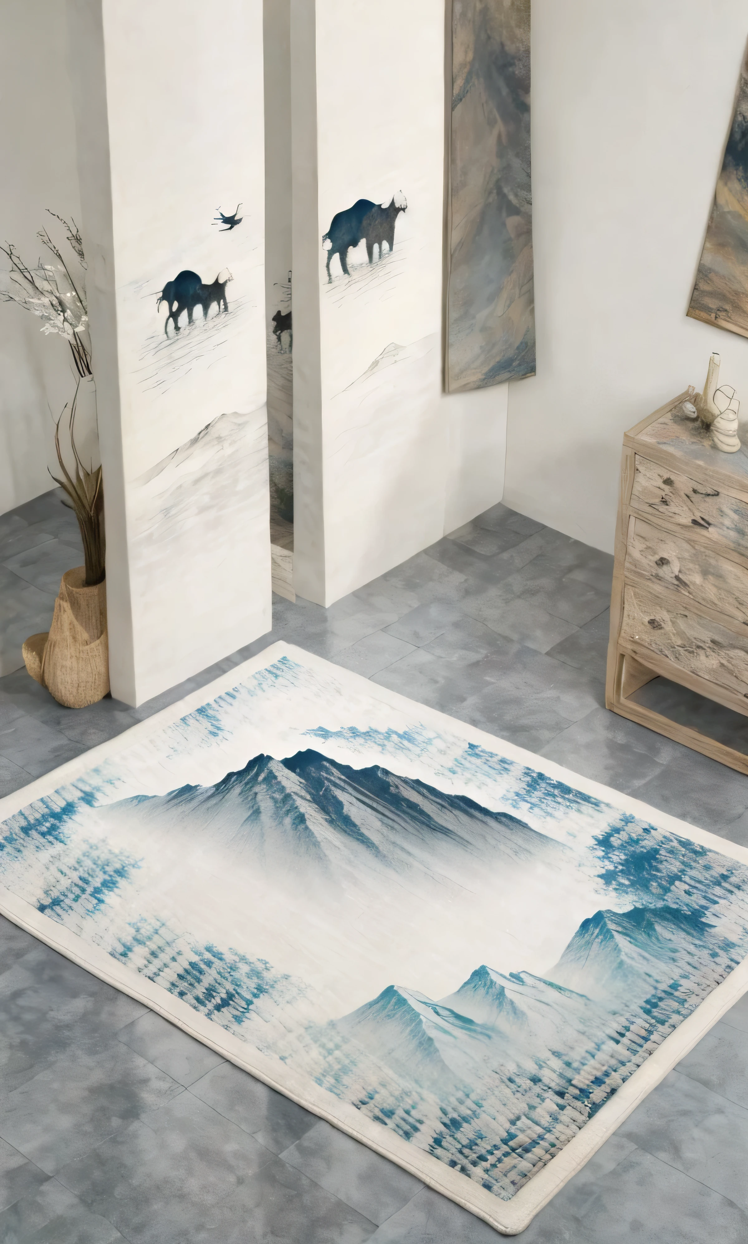 there is a rug with a picture of a mountain in the background, carved marble texture silk cloth, inspired by Emperor Huizong of Song, abstract scene design, inspired by Liu Haisu, 8 k hd detailed oil painting, trending artistic art, extreme quality masterpiece, 8k high quality detailed art, 8 k highly detailed art, abstract oil painting