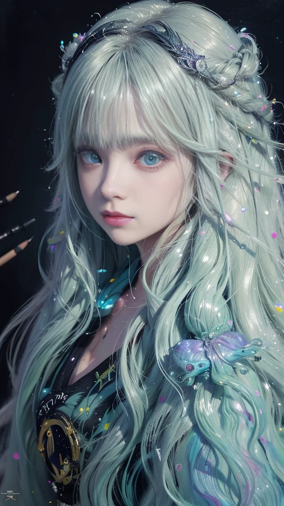 (dark dim dramatic atmosphere)+ 8k portrait of a beautiful girl with super long aurora silver hair, hair dissolving+ into bright sparkling and glow full moon, in drip modern pastel green clothing, intricate, highly detailed, digital painting, smooth, sharp focus, illustration, ((masterpiece)), (art by Yoshitaka Amano:2),photo r3al,