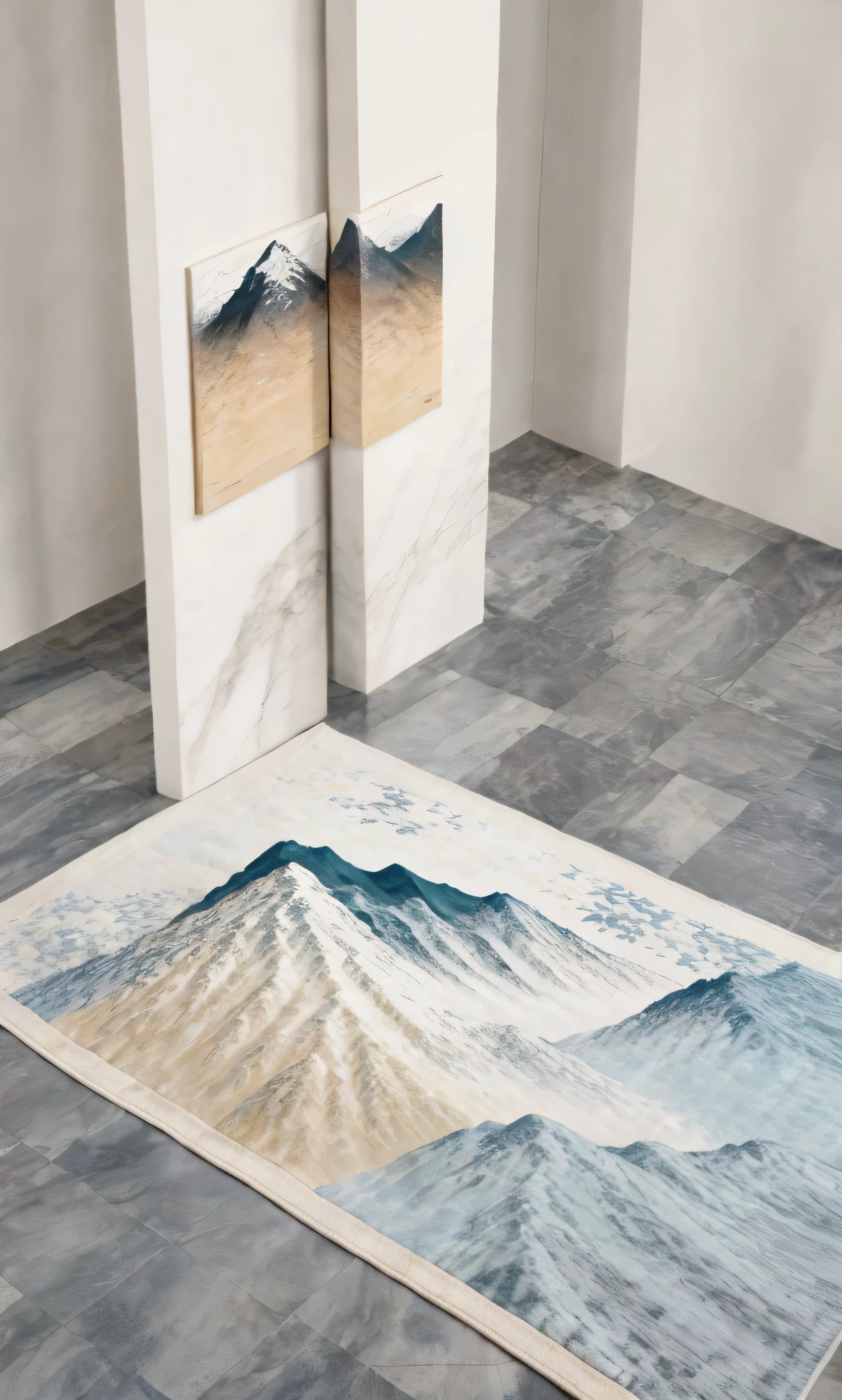 there is a rug with a picture of a mountain in the background, carved marble texture silk cloth, inspired by Emperor Huizong of Song, abstract scene design, inspired by Liu Haisu, 8 k hd detailed oil painting, trending artistic art, extreme quality masterpiece, 8k high quality detailed art, 8 k highly detailed art, abstract oil painting