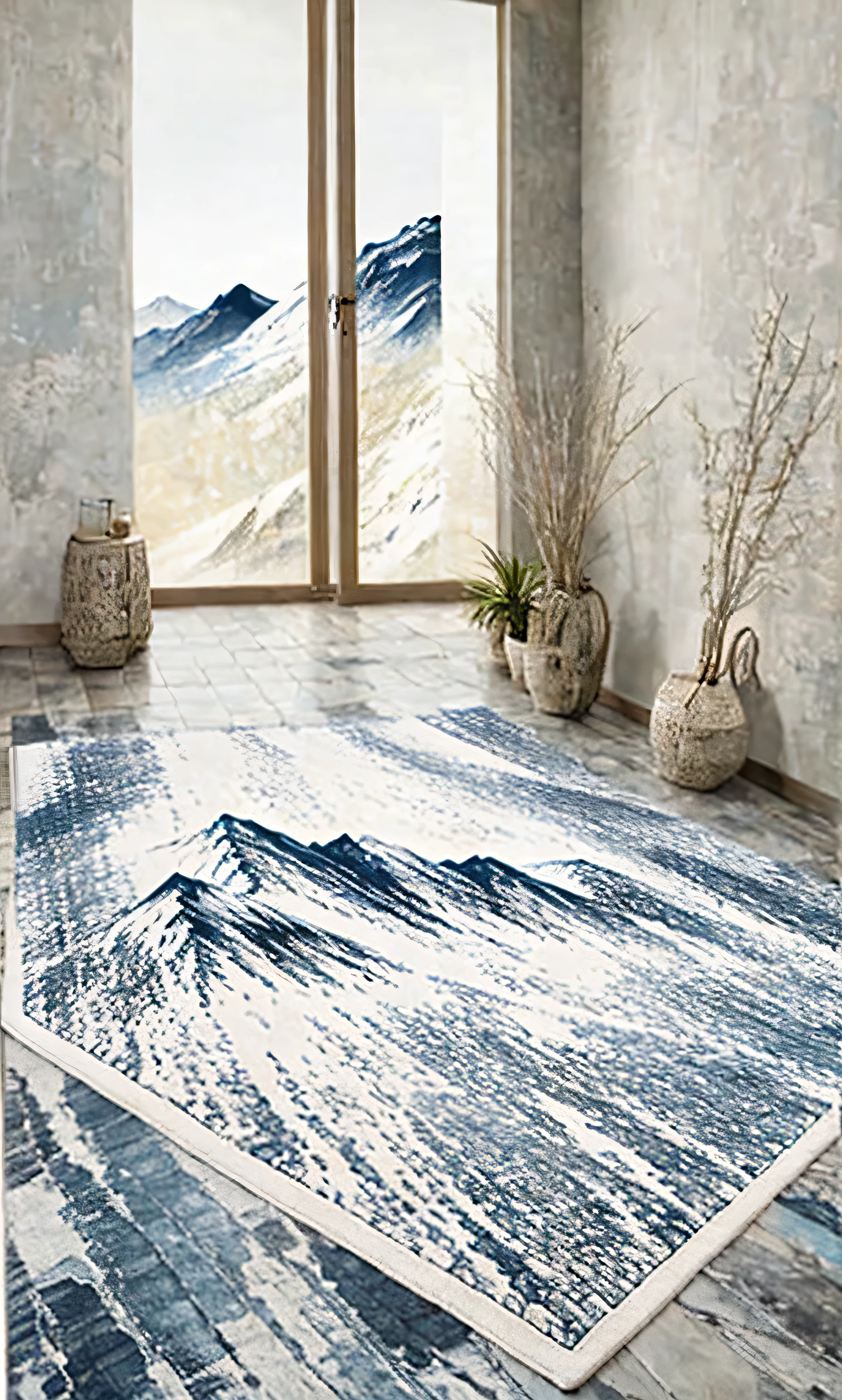 there is a rug with a picture of a mountain in the background, carved marble texture silk cloth, inspired by Emperor Huizong of Song, abstract scene design, inspired by Liu Haisu, 8 k hd detailed oil painting, trending artistic art, extreme quality masterpiece, 8k high quality detailed art, 8 k highly detailed art, abstract oil painting