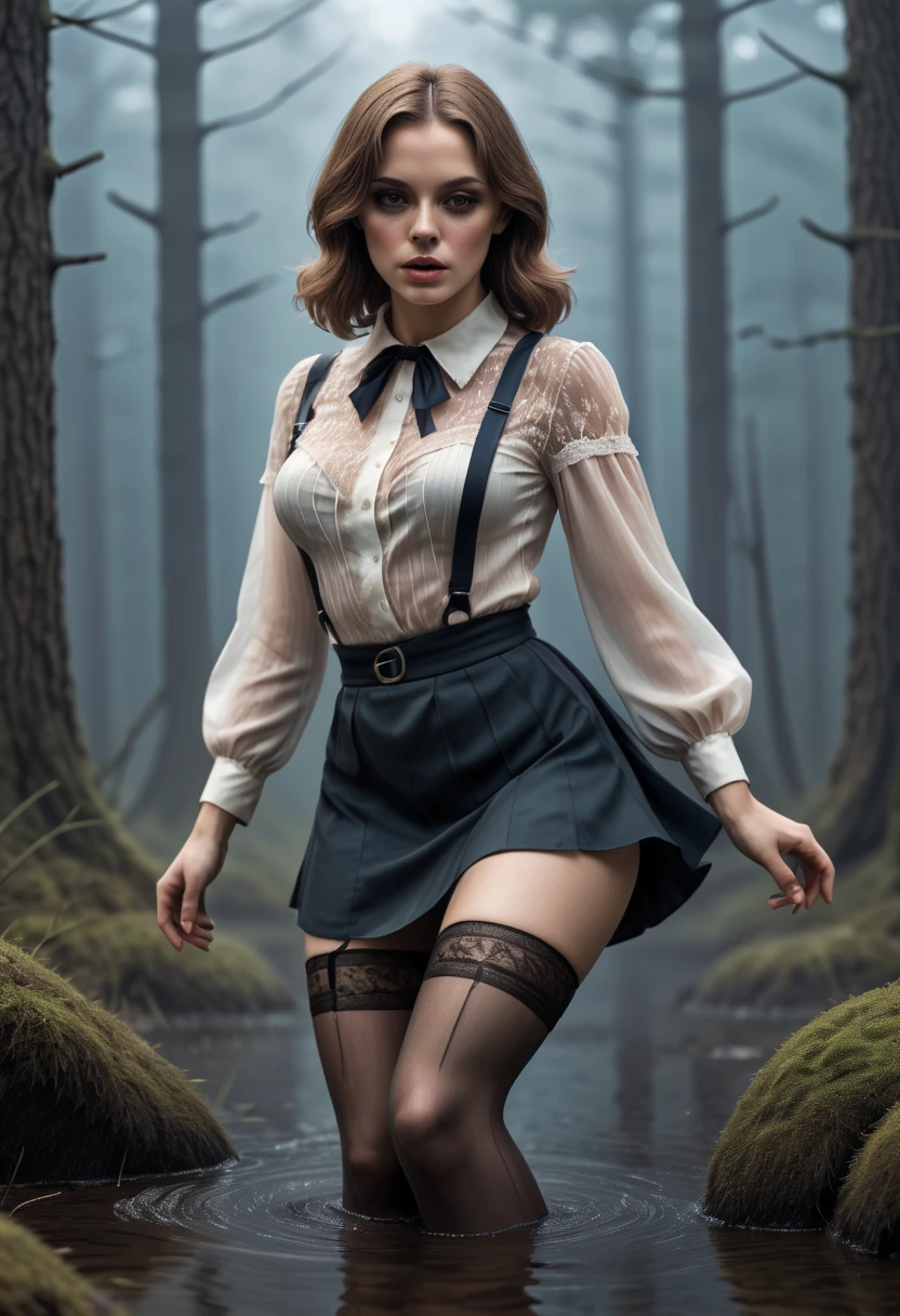 70s style illustration,tortured by lust shy vulnerable desperate mature female drowning in the middle of forest bog and sexy tease herself,skirt,blouse,(lace stockings with garters),indulging in fetish, dark sexual ecstasy, hard breath, strong blush+sweat on face