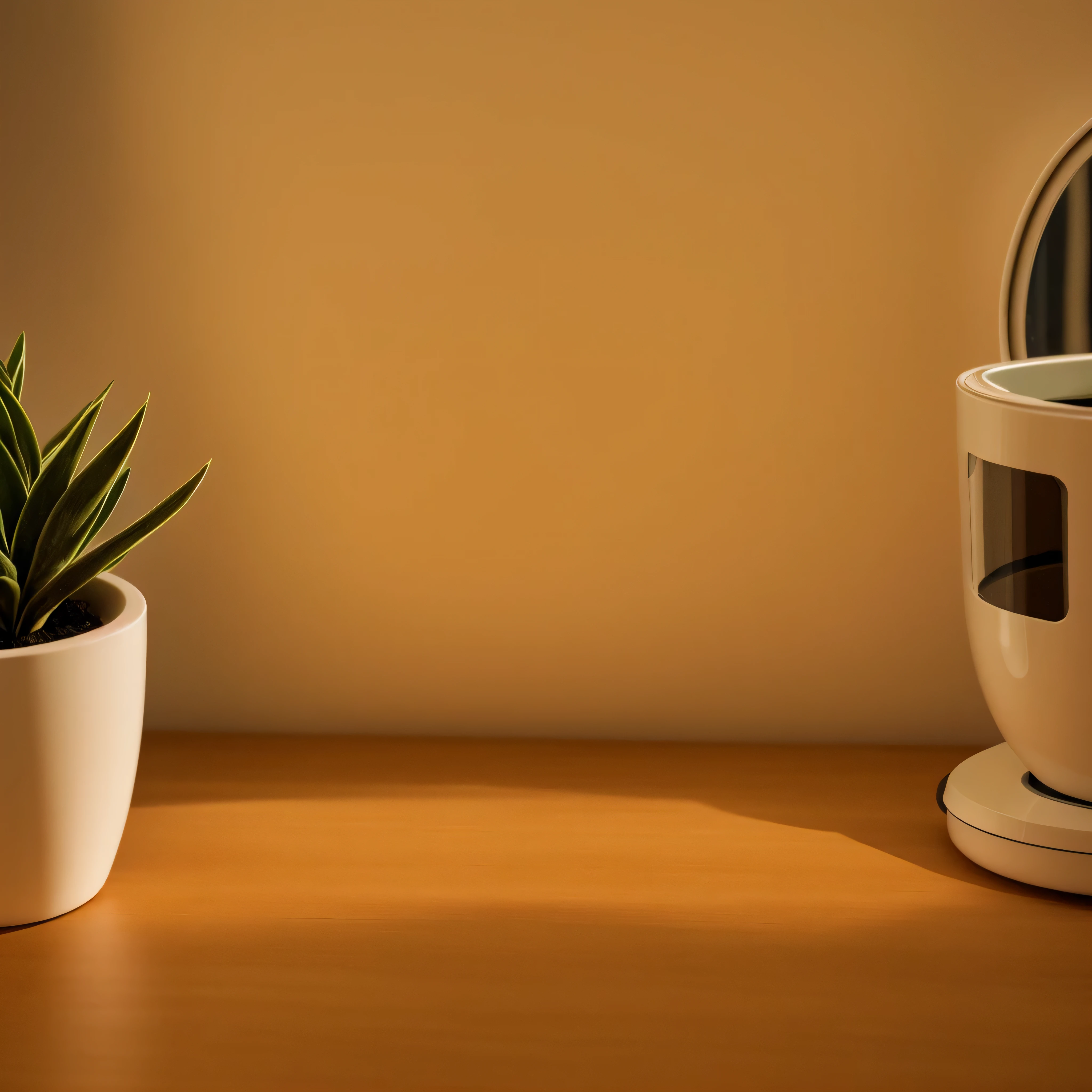 There is a small potted plant next to the mirror, Highly detailed soft lighting, warm ambient light, product lighting. soft light, High quality theme rendering, Soft ambient lighting, product lighting,