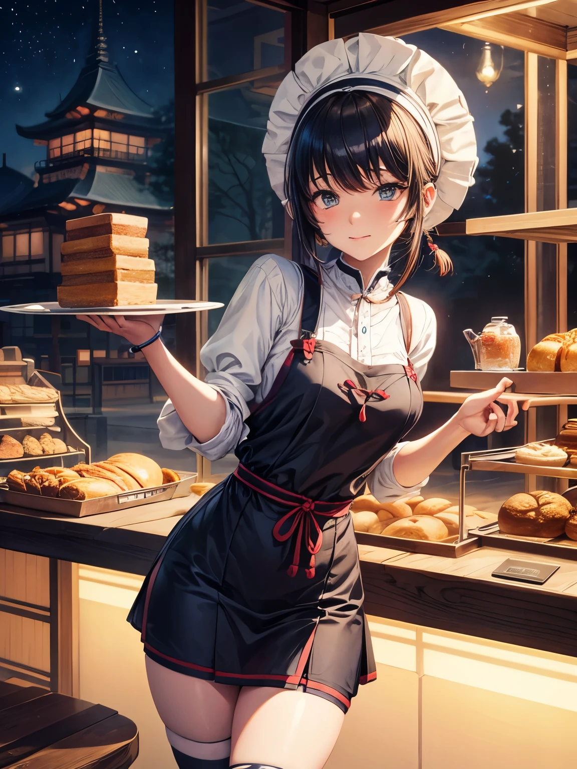 Heath Robinson, Eric White, Mysterious, strange, surreal, bizarre, fantasy, Sci-fi, Japanese anime, baking bread by starlight, late night bakery, miniskirt beautiful girl baker, perfect voluminous body, detailed masterpiece
