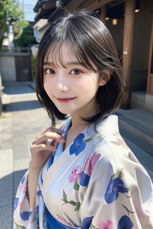 (kimono)、random pose、(highest quality,masterpiece:1.3,Super high resolution,),(super detailed,caustics),(Photoreal:1.4,RAW shooting,)ultra-realistic capture,very detailed,High resolution 16K human skin close-up、 Natural skin texture、、Skin looks even-toned and healthy、 Use natural light and color,1 girl,Japanese,33 years old,cute,black haired,middle hair,,smile,,(Depth of bounds written、chromatic aberration、、wide range of lighting、natural shading、)、