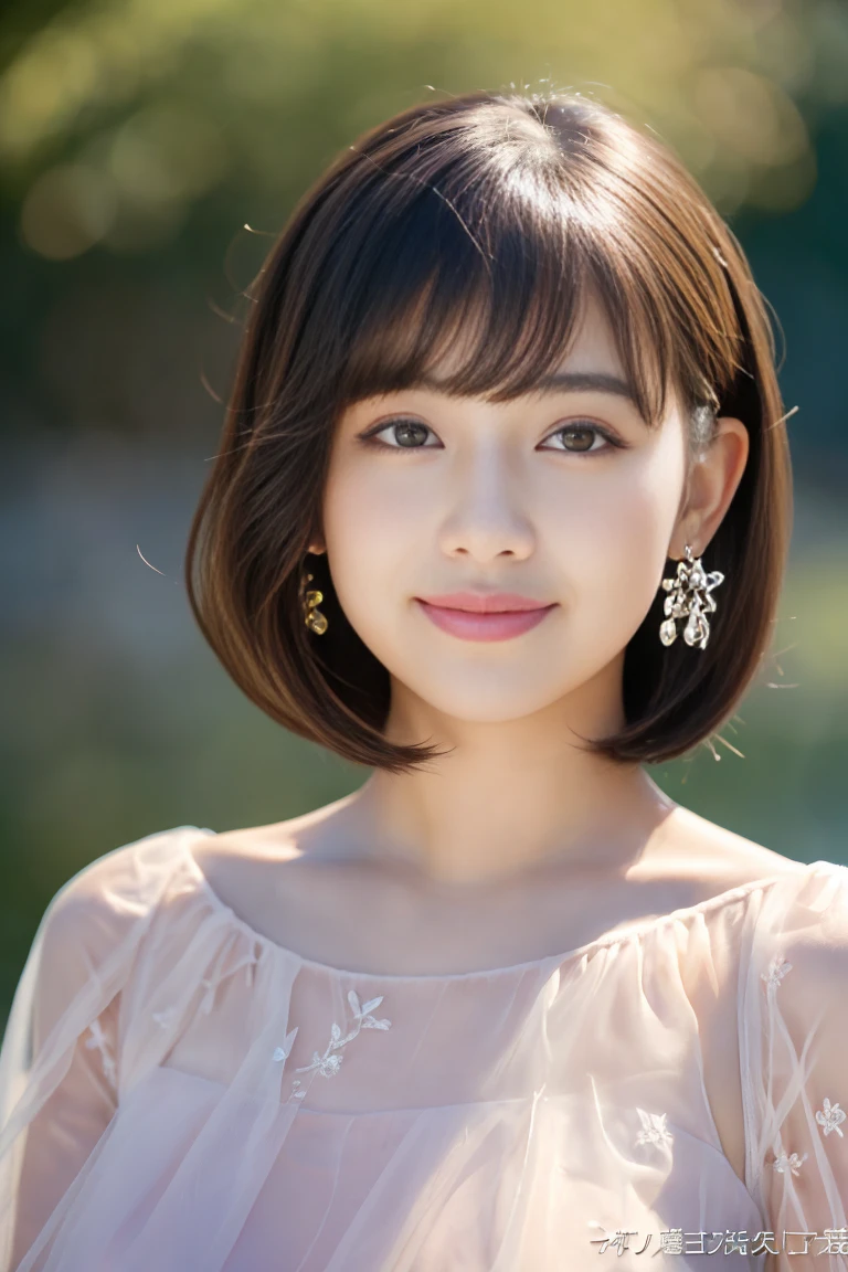 (surreal), (illumination), (High resolution), (8K), (very detailed), (The best illuminationneautiful detailed eyes), (quality), (super detailed), (masterpiece), (wall-), (Detailed face delicious smile)、(beautiful features)、medium length bob haircut、Ear hooks with bangs、solo、(((Beautiful girl with cute Japan)))、 ((A 20-year-old Japanese beauty wears transparent tulle clothes)、 skin that looks real、、非常巨bigger胸围、rule bodiesbian、bigger、 background、