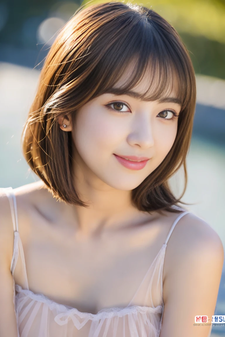 (surreal), (illumination), (High resolution), (8K), (very detailed), (The best illuminationneautiful detailed eyes), (quality), (super detailed), (masterpiece), (wall-), (Detailed face delicious smile)、(beautiful features)、medium length bob haircut、Ear hooks with bangs、solo、(((Beautiful girl with cute Japan)))、 ((A 20-year-old Japanese beauty wears transparent tulle clothes)、 skin that looks real、、非常巨bigger胸围、rule bodiesbian、bigger、 background、