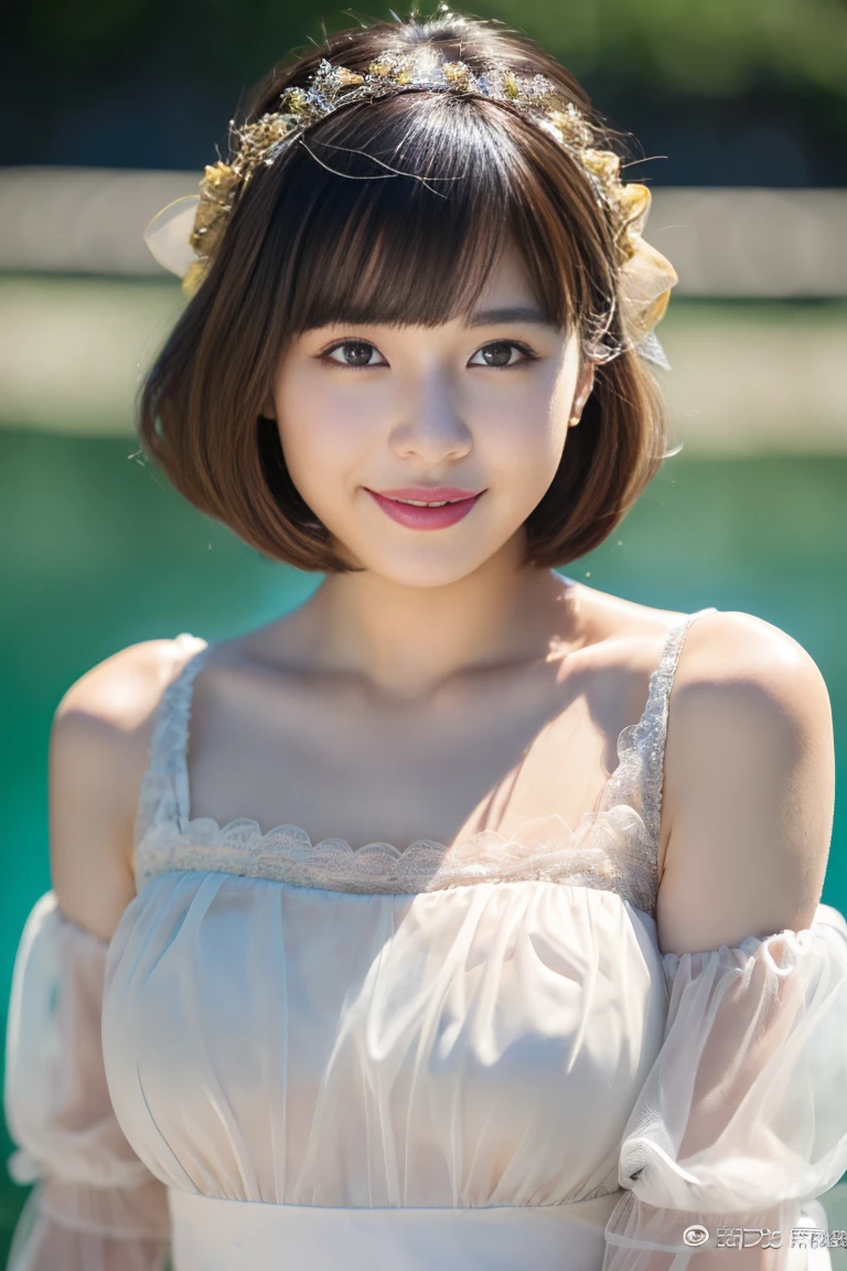 (surreal), (illumination), (High resolution), (8K), (very detailed), (The best illuminationneautiful detailed eyes), (quality), (super detailed), (masterpiece), (wall-), (Detailed face delicious smile)、(beautiful features)、medium length bob haircut、Ear hooks with bangs、solo、(((Beautiful girl with cute Japan)))、  ((A 20-year-old Japanese beauty wears transparent tulle clothes)、 skin that looks real、、非常巨bigger胸围、rule bodiesbian、bigger、 background、