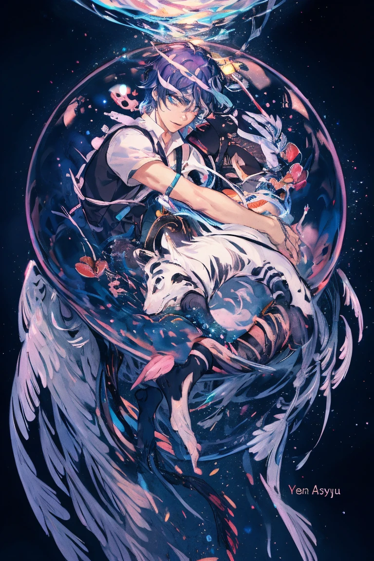 (Masterpiece:1.2, high quality), (pixiv:1.4), 1 man with short purple hair, tall handsome man, fansty world
