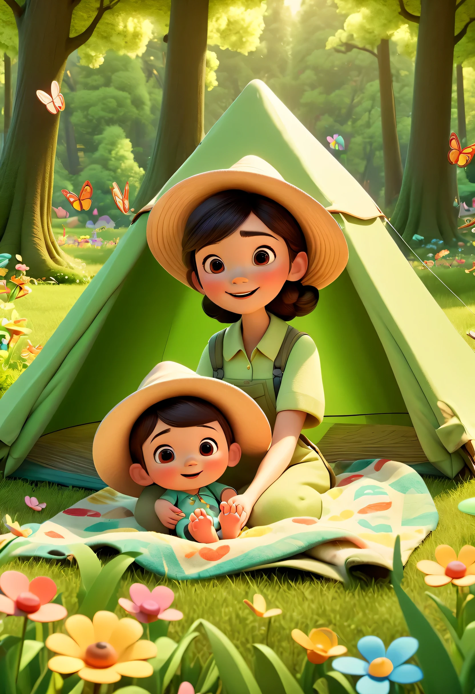 Spring camping scene with mom and baby, Cozy tent situated on lush green grass, Vibrant flowers bloom all around, Tall trees provide shade, (3D Disney Pixar style:1.3), cute characters，expressive, Animated faces, mother wearing sun hat, Baby wearing cute onesie, Colorful picnic blanket, Butterfly, soft, Warm sunlight shines through the gaps in the leaves, breeze, (fresh, Rejuvenating atmosphere:1.2), Cartoonish,Sparkling streams nearby, Cheerful color palette dominated by green tones, high quality, Ultra-detailed texture, soft shadows and highlights to emulate natural lighting, (happy, carefree mood:1.3), (best quality,4K,8k,high resolution,masterpiece:1.2), professional, bright colors, human development report, ultra high definition, studio lighting, sharp focus, Physically based rendering, environmental storytelling
