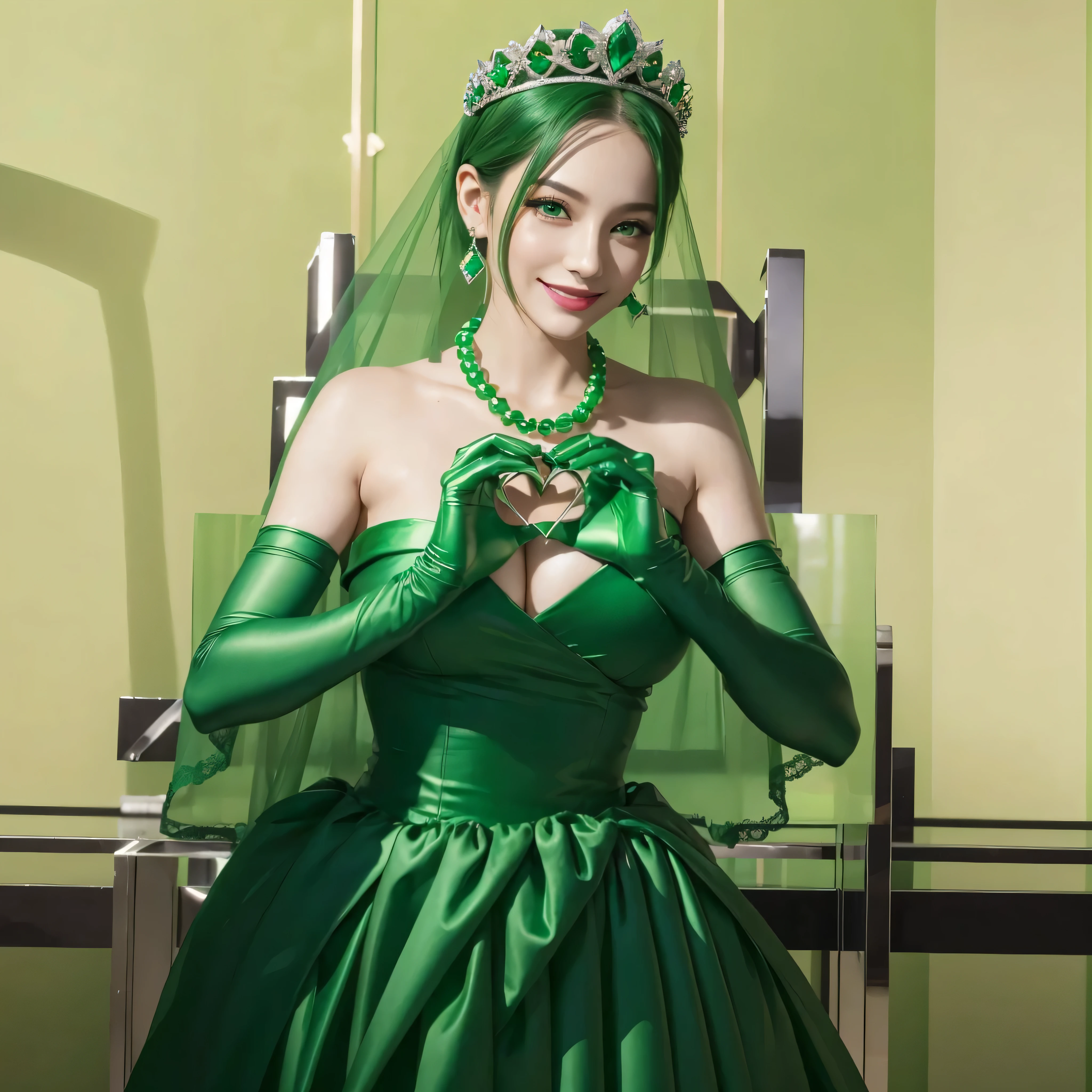 highest quality、masterpiece、(realistic:1.2), emerald tiara, green pearl necklace, ボーイッシュな非常に短いgreen hair, lipstick, smiling woman, very short hair, Beauty with large breasts, green eyes, Long Green Satin Gloves, green eyes, emerald earrings, green veil, heart with both hands, green hair, Beautiful woman, heart shaped hand:1.3