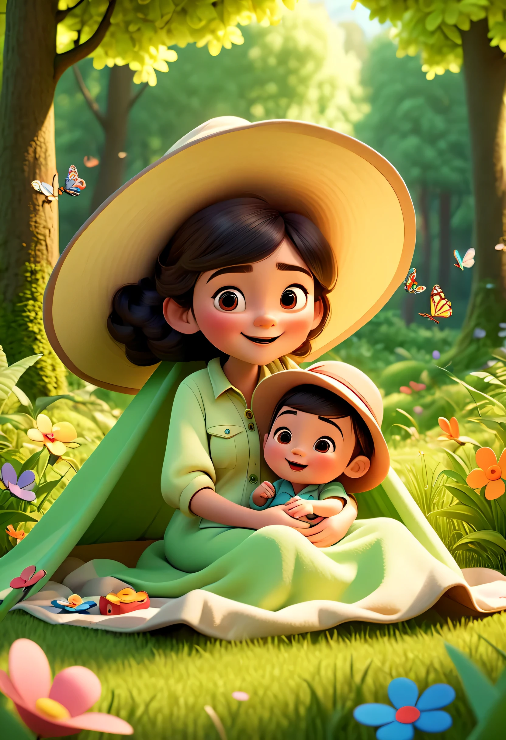 Spring camping scene with mom and baby, Cozy tent situated on lush green grass, Vibrant flowers bloom all around, Tall trees provide shade, (3D Disney Pixar style:1.3), cute characters，expressive, Animated faces, mother wearing sun hat, Baby wearing cute onesie, Colorful picnic blanket, Butterfly, soft, Warm sunlight shines through the gaps in the leaves, breeze, (fresh, Rejuvenating atmosphere:1.2), Cartoonish,Sparkling streams nearby, Cheerful color palette dominated by green tones, high quality, Ultra-detailed texture, soft shadows and highlights to emulate natural lighting, (happy, carefree mood:1.3), (best quality,4K,8k,high resolution,masterpiece:1.2), professional, bright colors, human development report, ultra high definition, studio lighting, sharp focus, Physically based rendering, environmental storytelling
