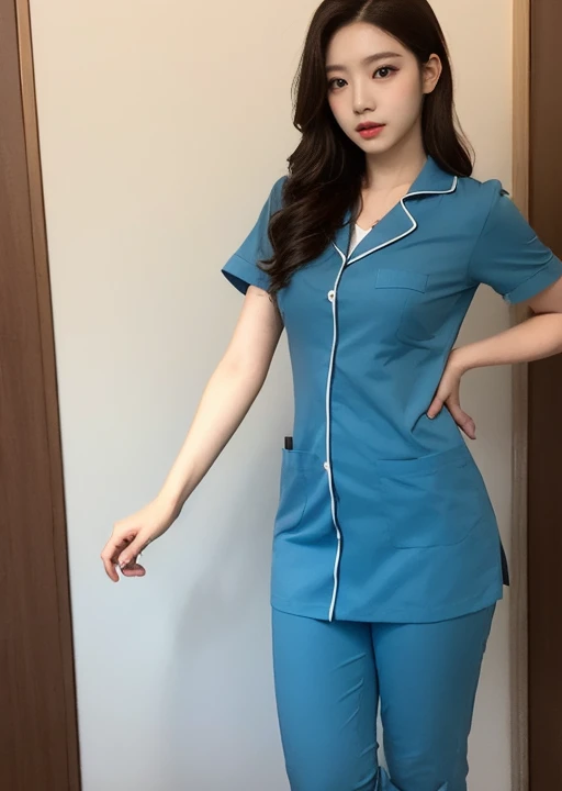 nurse uniform、full body shot、A woman with the same face as last time(misaki),4K、1people's women、slender、 Loose wavy styling 、seductive and attractive,Including face and skin texture,detailed eyes、a seductive look