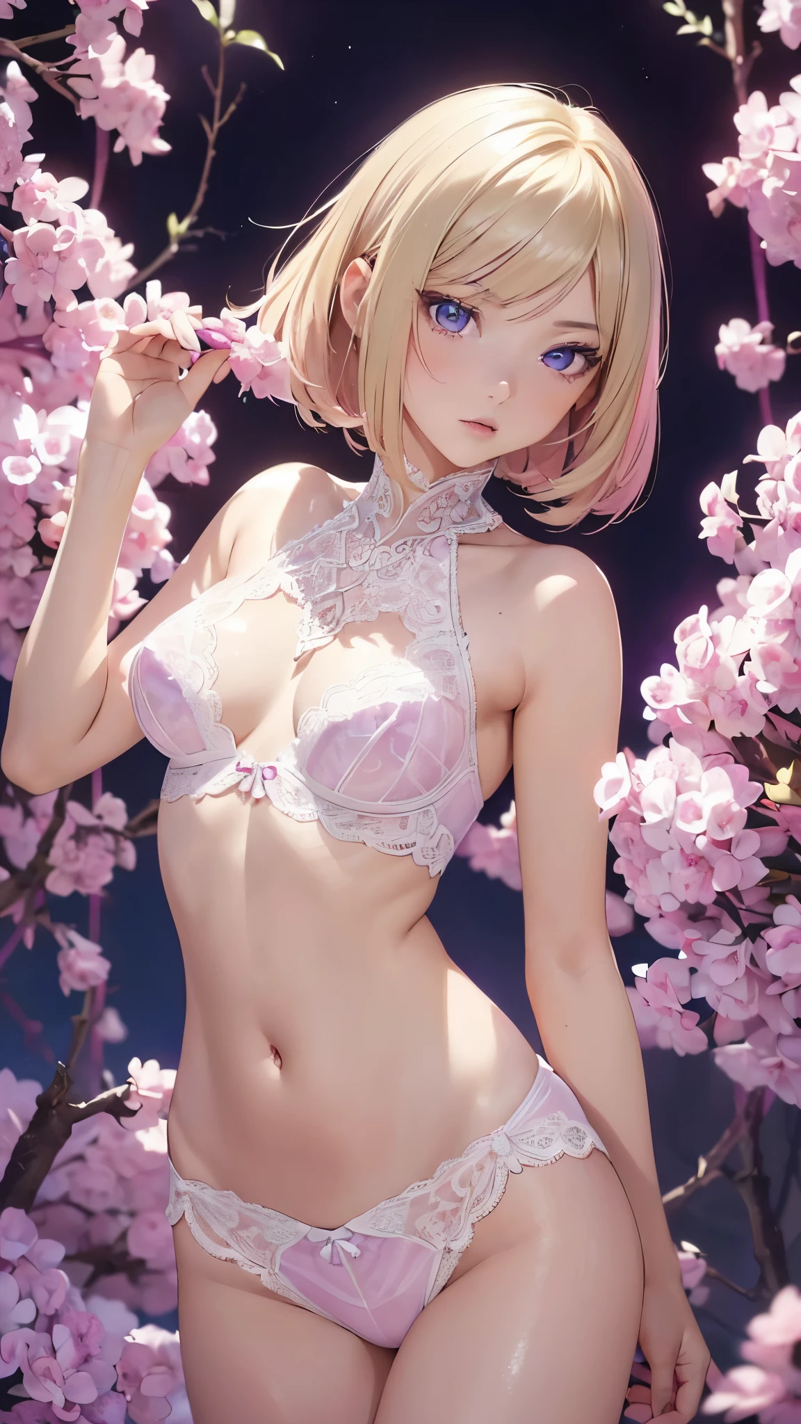 realistic, hyper detail, girls only, , dynamic lighting, (Glossy skin: 1.5), masterpiece, highest quality, disorganized, Single-sided Cut Layered Bob, (Blonde to Pink Hair: 1.3), ((Transparent purple eyes), ((beautiful, fine eyes, eyes like jewels, shining eyes: 1.3)), seductive pretty girl, beautiful Charming Teen, attrac girl, beautiful girl, beautifulセクシー女の子, sexy woman, (White lilac lace underwear), beautifulアートワーク, small details, best girl, detailed digital art, looking for_in_viewer, belly button, ((It was scary))
