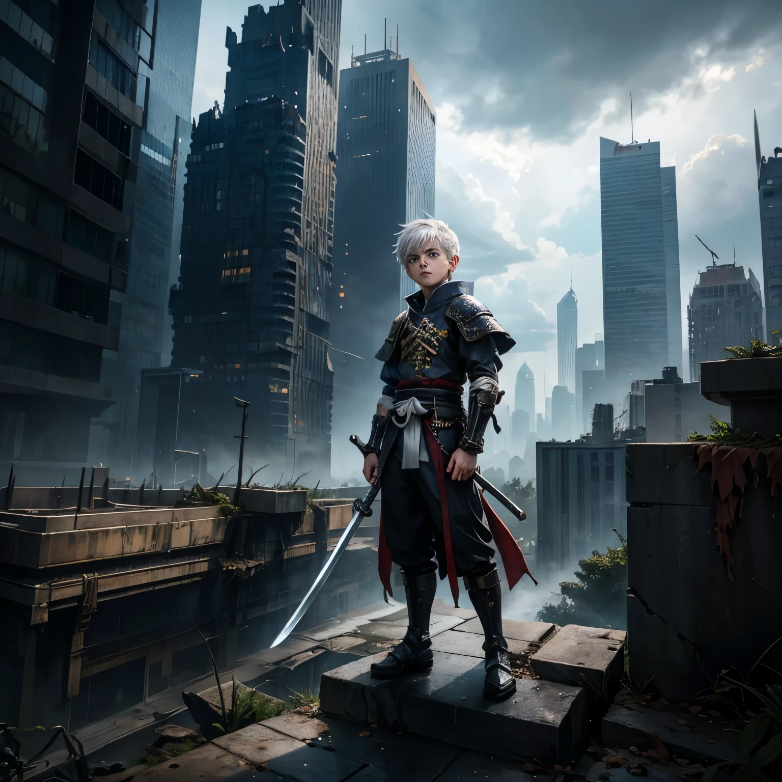 The small boy with white hair and blue eyes stands atop a crumbling skyscraper, clutching a rusted samurai sword, as a storm of metallic creatures looms in the distance.