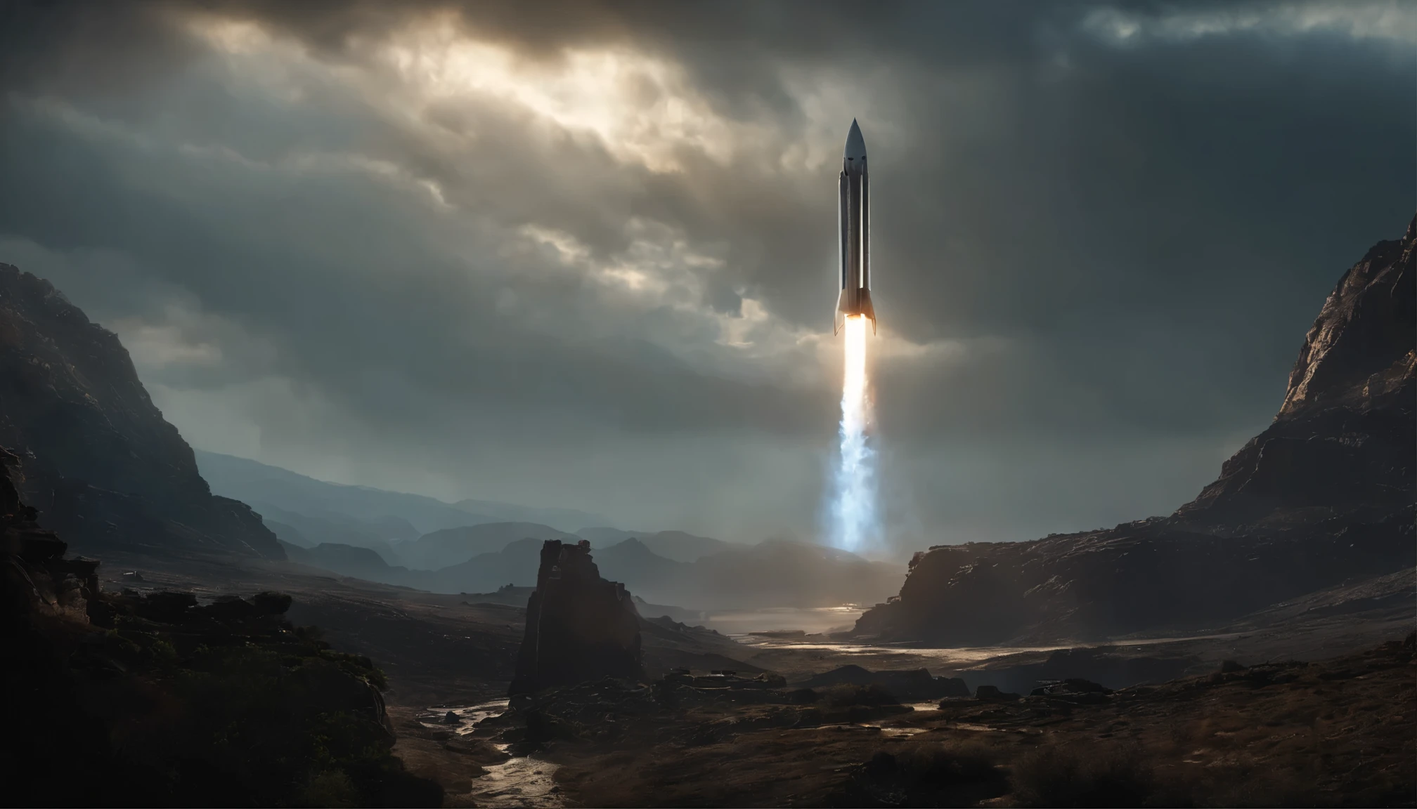 一枚Rocket发射，Rocket正在发射，Sci-fi atmospheric effects，special effects flame，Ultimate special effects，Rocket，fantasy，Amazing sci-fi effects，extreme details，realistic light，epic composition，（intricate details），（Complex design，Ultra-detailed：1.2），art station，（masterpiece，best quality），ultra high definition，Cyberpunk--v 6