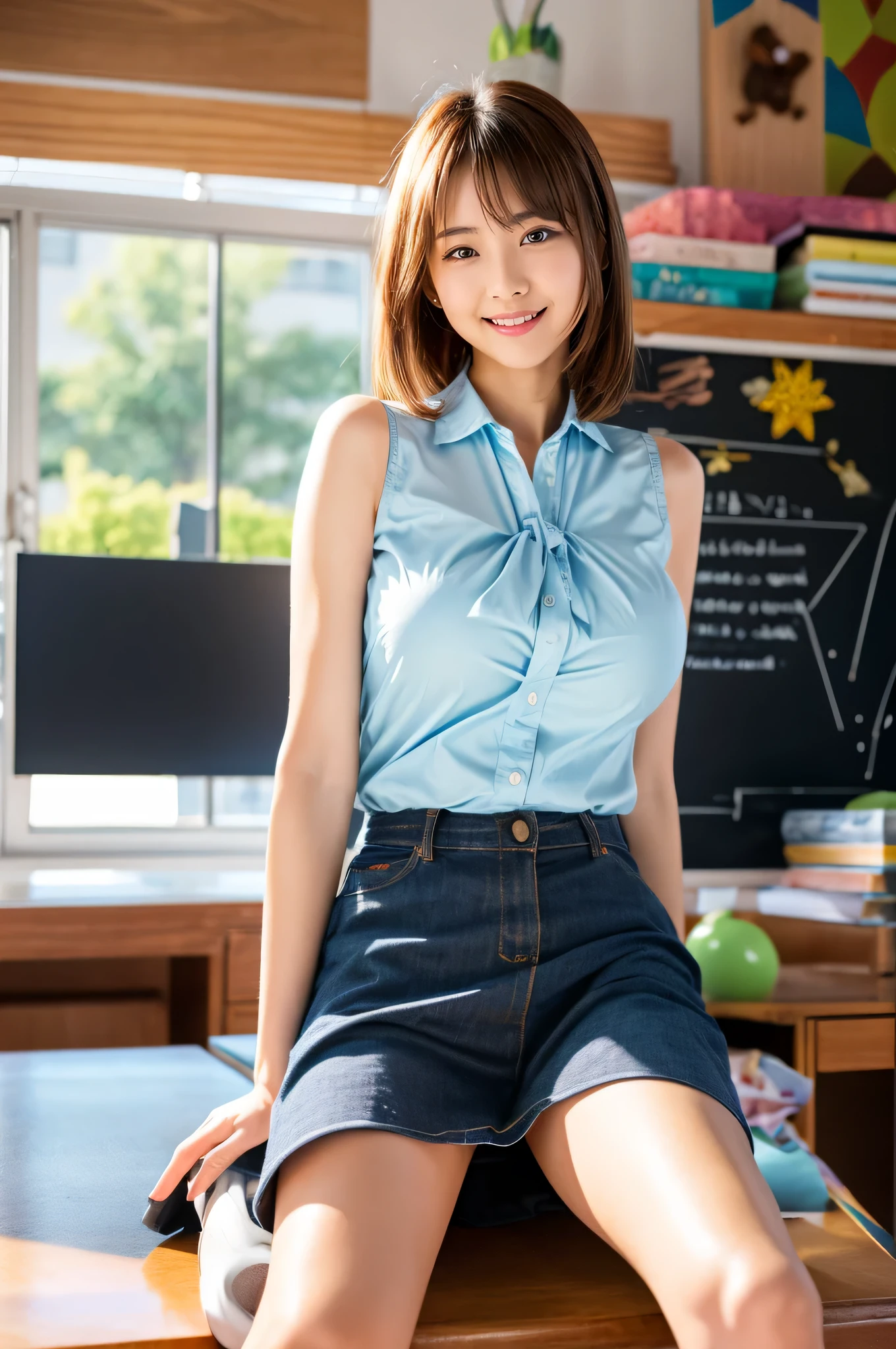 (highest quality, 8K, 32K, masterpiece, UHD:1.2), Photos of cute Japanese women,(anime illustration:1.5), whole body, (The most massive chest:1.2), sexy body, perfect girl, facial details, Because I'm slender:2, professional lighting, dynamic angle, perfect hands, Blake 1 Girl, cute, throw, Cosmetics Free, (Sit on a desk and spread your legs:1.3),(put your knees up:1.5),, casual, summer clothes, cute blouse:1.2, No sleeve, very short miniskirt, have a school bag:1.2, Chestnut wavy hair, (hairpin, hair ornaments:1.2), (decoration:1.2), sunlight, Challenging, smile, (school classroom background:1.1,In front of the blackboard),,, leaning forward, skirt_lift