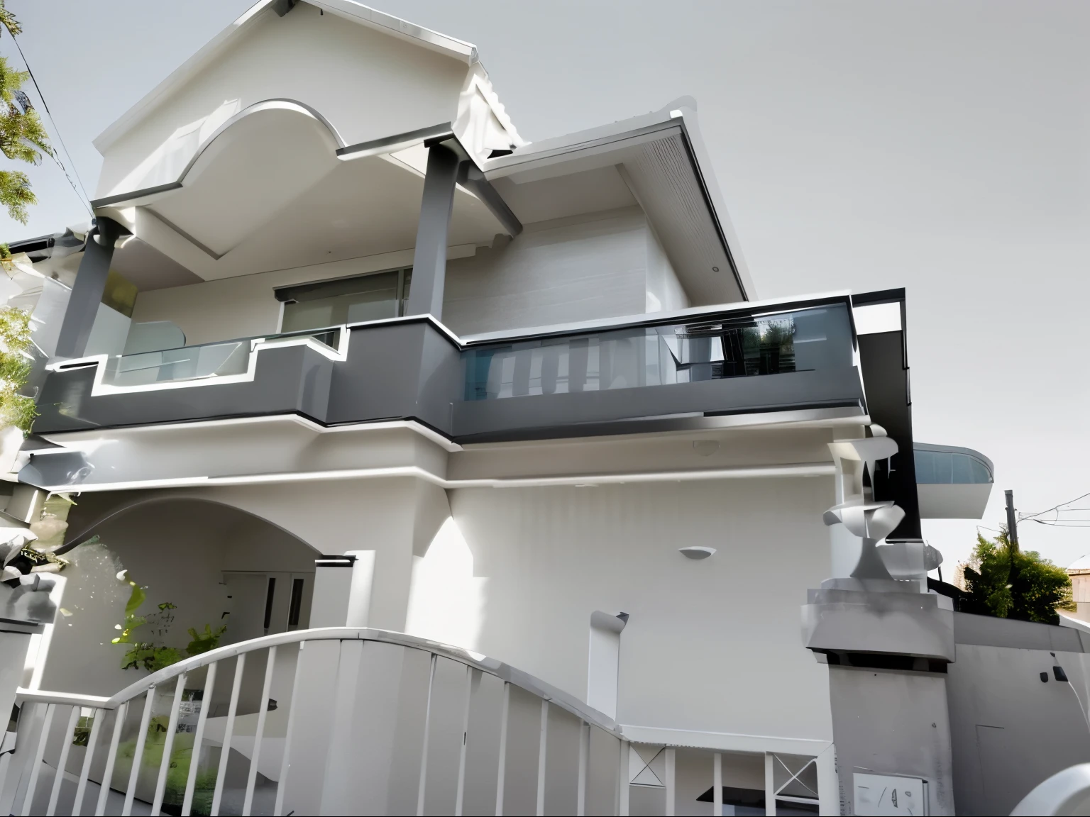 color photo of a modern and minimalist grey-colored Midcentury home. The house exudes an elegant and sophisticated vibe with its sleek lines, clean design, and neutral color palette. The exterior of the home is painted in a beautiful shade of grey, which perfectly complements the surrounding landscape. Large windows allow an abundance of natural light to flood the interior, creating a bright and airy atmosphere. The architectural details, such as the flat roof, angular shapes, and minimalistic landscaping, add to the overall contemporary aesthetic of the house. This grey Midcentury home stands as a timeless masterpiece, blending seamlessly with its surroundings.
