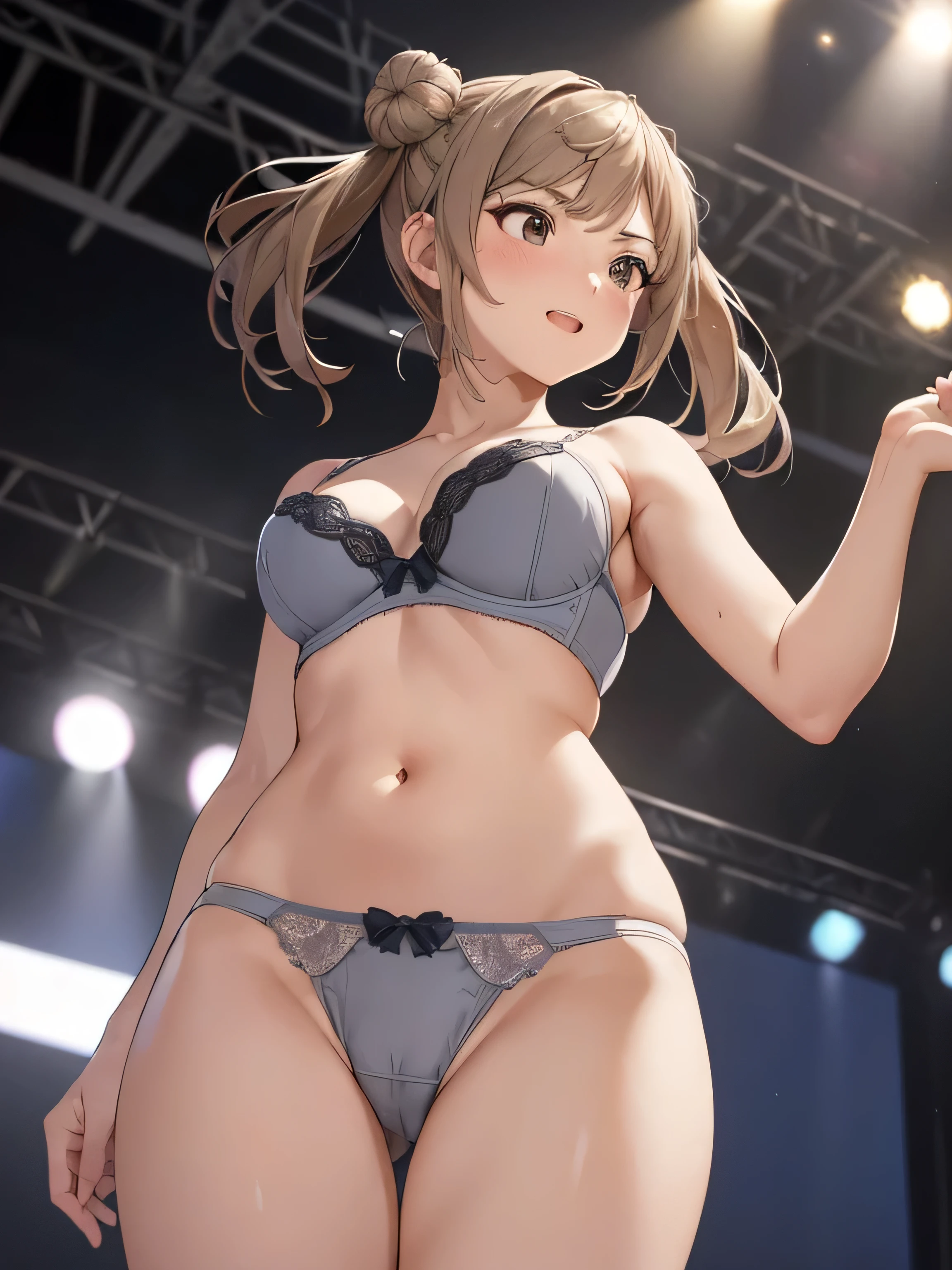 (masterpiece, highest quality, delicate details, 8K:1.2), nice hands, perfect hands, By Guido Daniele, Doshio Kaini KC, throw:1.5, medium breasts, lingerie:1.5, panties:1.5, good:1.5, camel toe:1.5, headset, Sing enthusiastically, twin tails, double bun, bun hair, short twin tails, from below:1.5, cowboy shot, smile, (Event Hall:1.5, Center Stage:1.5, on stage:1.5, from below:1.5, Looking up from below the stage:1.5, full house:1.5),