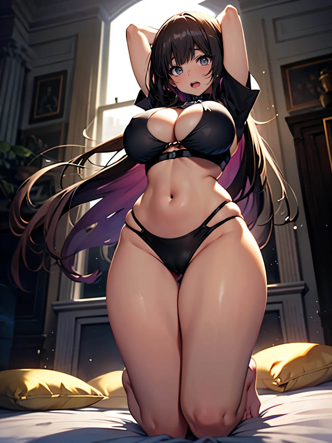 ((1 girl))、(((dark room:1.4)))、((cowboy shot:1.1))、((crotch focus))、(open mouth)、((embarrassed face))、(((Open crotch:1.2)))、((wide open legs:1.4))、((kneeling on the bed))、((from below:1.2))、((looking down at viewer))、((arms behind head:1.2))、((huge breasts:1.2))、((huge hip:1.3))、((oily skin:1.3))、((highleg bikini:1.2))、((cleavage cutout))、((crop top navel))、((curvy thighs))、high quality、ultra resolution、beautyful watercolor