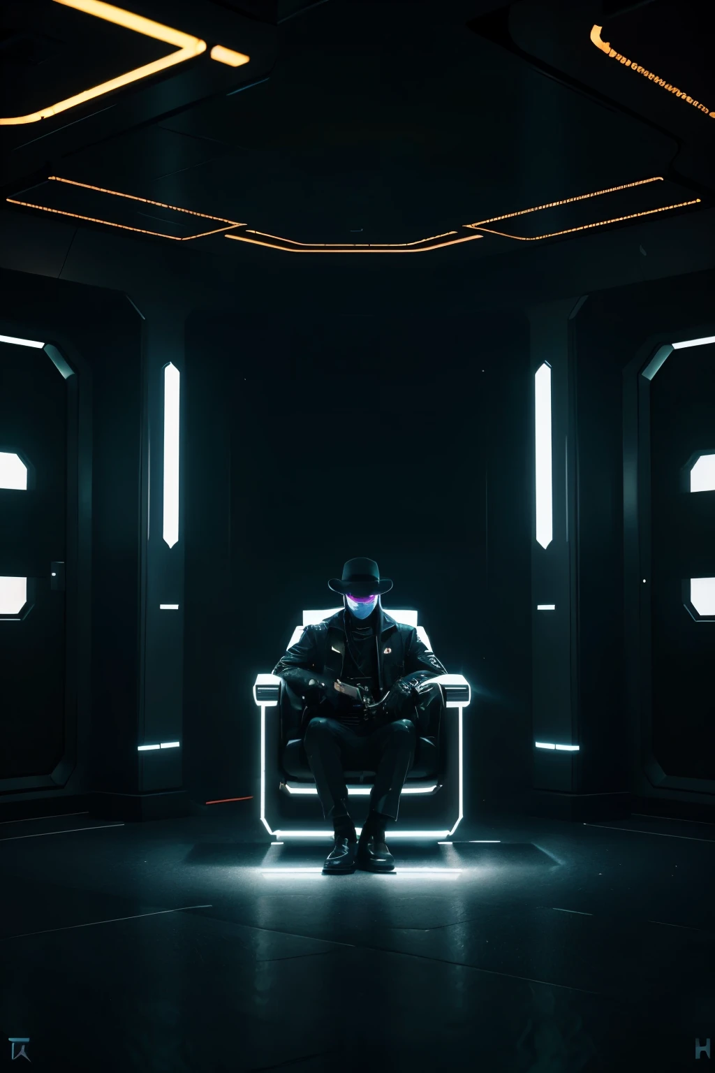 arafed image of a man sitting with a fedora hat in a chair in a dark room, artem demura beeple, 3 d render beeple, cinematic beeple, minimalist cinematic lighting, by Christopher Balaskas, beeple global illumination, beeple. octane render, dramatic lighting sci fi, inspired by Mike Winkelmann.The character is silhouetted against the ethereal glow emanating from the intricate patterns of lights embedded within the pillars, highlighting their isolation. a futuristic city with a lot of lights, futuristic hall, spaceship hallway background, intricate sparkling atmosphere, photo of futuristic cityscape, surreal cyberspace, cyber space, glowing lights intricate, futuristic and ethereal, cyber architecture, background of digital greebles, futuristic dramatic lighting, abstract art representing data, in a dark futuristic room, abstract tech, volumetric lighting futuristic