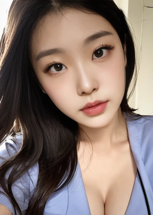 nurse uniform、open chest、full body shot、A woman with the same face as last time(misaki),4K、1people's women、slender、 Loose wavy styling 、seductive and attractive,Including face and skin texture,detailed eyes、a seductive look