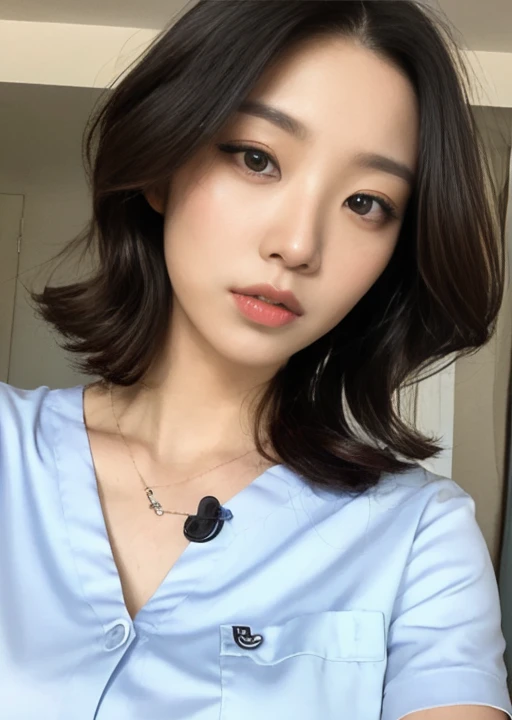 ((top-quality)), long legged, foco nítido:1.2, Beautiful woman with perfect body shape:1.4, Slender Abs:1.1, ((dark brown short hair、Colossal tits:1.2)), (Shiny Silver Tight T-Shirt, The sheen、Standing Black Spats:1.2), Detailed face and skin texture, A detailed eye,a room