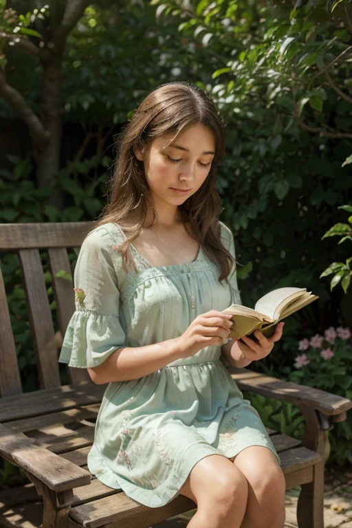 A girl sitting on a bench in a peaceful garden, surrounded by blooming flowers and lush green trees. She is wearing a flowy dress and her hair is gently blowing in the breeze. The sunlight softly shines through the leaves, casting a warm glow on the scene. The girl's beautiful detailed eyes are filled with anticipation as she waits patiently. The garden is filled with the scent of fresh flowers and the sound of chirping birds. The atmosphere is calm and serene, creating a sense of tranquility.
Medium: Oil painting
Additional details:
- The bench is made of wood and has a weathered appearance, adding a touch of rustic charm to the scene.
- Butterflies flutter around the flowers, adding a touch of whimsy to the garden.
- A small fountain can be seen in the background, with water gently trickling down and creating a soothing sound.
- The girl is holding a book in her hands, indicating that she is passing the time by reading.
- A gentle breeze rustles the leaves, creating a peaceful ambiance.
Image quality: (best quality, highres:1.2)
Art style: Realistic portrait
Color palette: Soft pastel colors, with a focus on shades of pink and green.
Lighting: Soft and warm sunlight illuminating the scene, casting gentle shadows and creating a serene atmosphere.