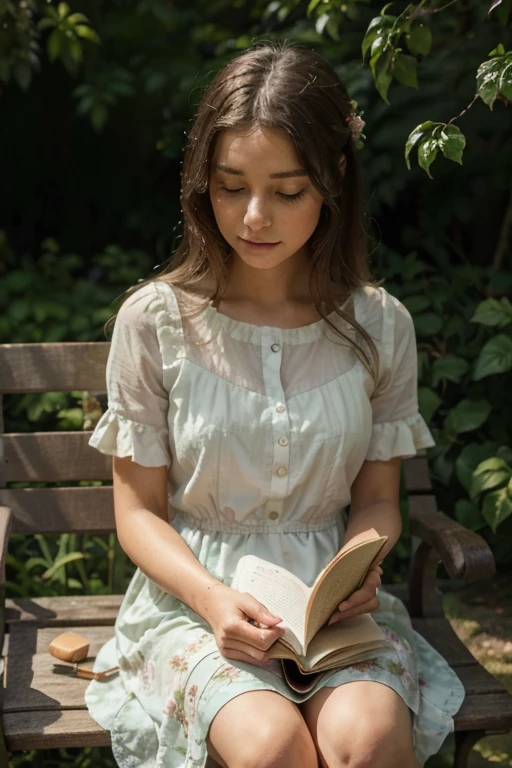 A girl sitting on a bench in a peaceful garden, surrounded by blooming flowers and lush green trees. She is wearing a flowy dress and her hair is gently blowing in the breeze. The sunlight softly shines through the leaves, casting a warm glow on the scene. The girl's beautiful detailed eyes are filled with anticipation as she waits patiently. The garden is filled with the scent of fresh flowers and the sound of chirping birds. The atmosphere is calm and serene, creating a sense of tranquility. 

Medium: Oil painting 

Additional details: 
- The bench is made of wood and has a weathered appearance, adding a touch of rustic charm to the scene.
- Butterflies flutter around the flowers, adding a touch of whimsy to the garden.
- A small fountain can be seen in the background, with water gently trickling down and creating a soothing sound.
- The girl is holding a book in her hands, indicating that she is passing the time by reading.
- A gentle breeze rustles the leaves, creating a peaceful ambiance.

Image quality: (best quality, highres:1.2) 

Art style: Realistic portrait 

Color palette: Soft pastel colors, with a focus on shades of pink and green.

Lighting: Soft and warm sunlight illuminating the scene, casting gentle shadows and creating a serene atmosphere.