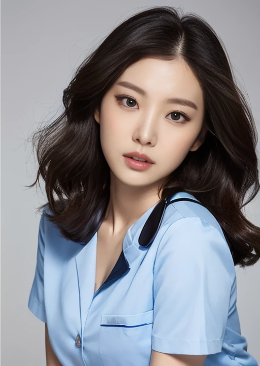 nurse uniform、open chest、full body shot、A woman with the same face as last time(misaki),4K、1people's women、slender、 Loose wavy styling 、seductive and attractive,Including face and skin texture,detailed eyes、a seductive look