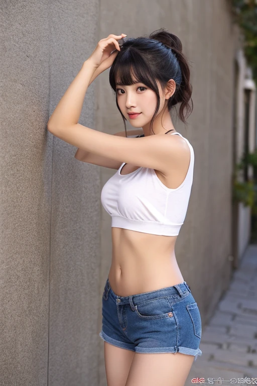1 girl、tying hair、Shows the body down to the feet、training、sexy look、Real like a photo、black hair、berry shortcut、shorts、cat-eyed beautiful girl
