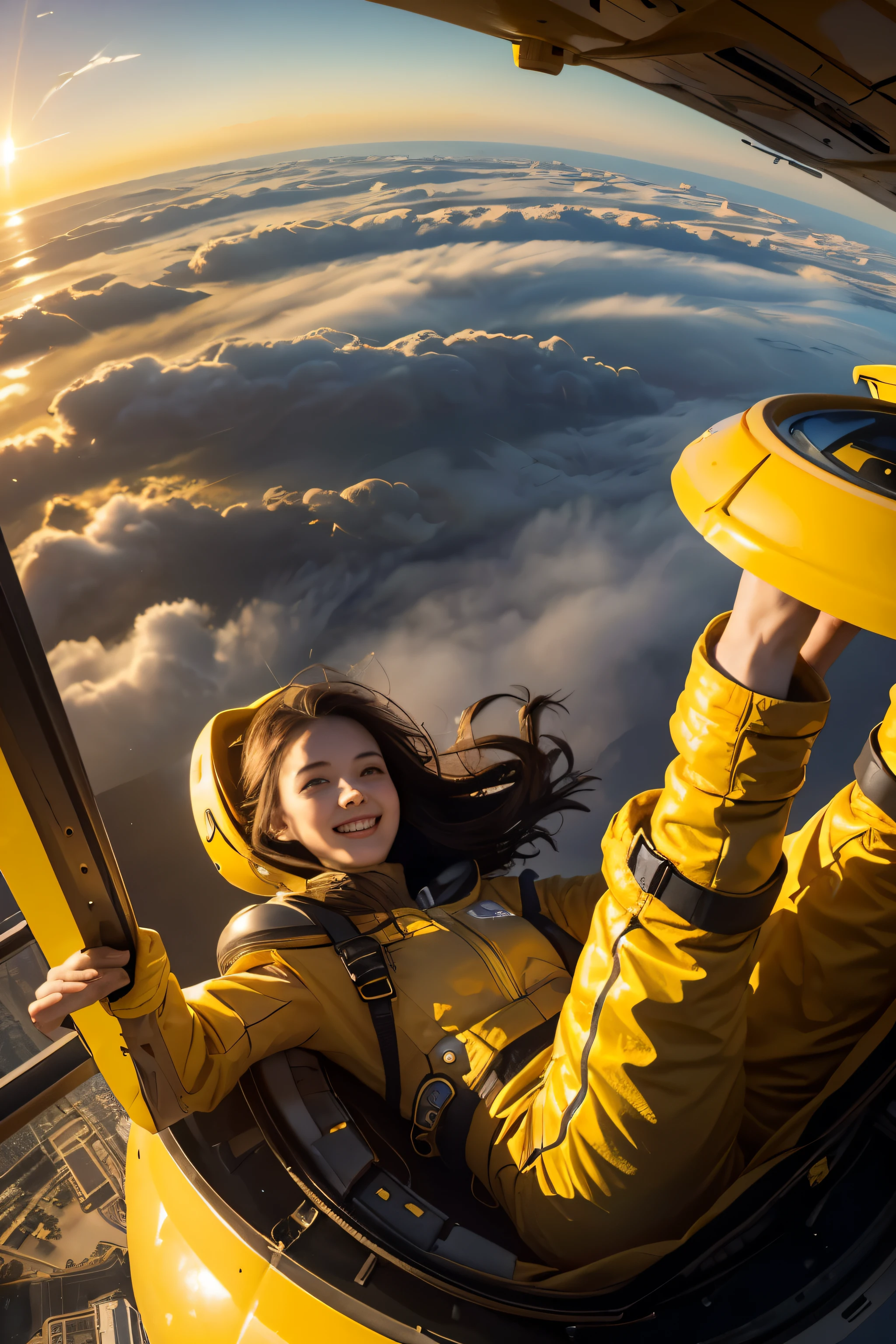 Influencer girl in yellow space suit taking selfie on on floating city, in background show (Best quality,4K,8K,A high resolution,Masterpiece:1.2),Ultra-detailed,(Realistic,Photorealistic,photo-realistic:1.37),Futuristic floating city,Futuristic technology,Huge high-tech tablet platform,Floating in the sky,Futuristic city,Small airships around,High-tech hemispherical platform, city floating on lots of yellow clouds, city on top of dusty clouds, yellow clouds at bottom, golden orange yellow tones ,sunset, hot weather, girl taking selfie enthusiasm, laughing smiling, girl in yellow spacesuit. capture venus terrains yellow and brown land, dusty environment, hot summer, desert weather