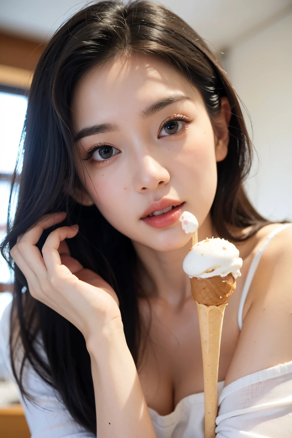 ((best quality)), ((masterpiece)), (detailed), perfect face waist-length photo eating ice cream